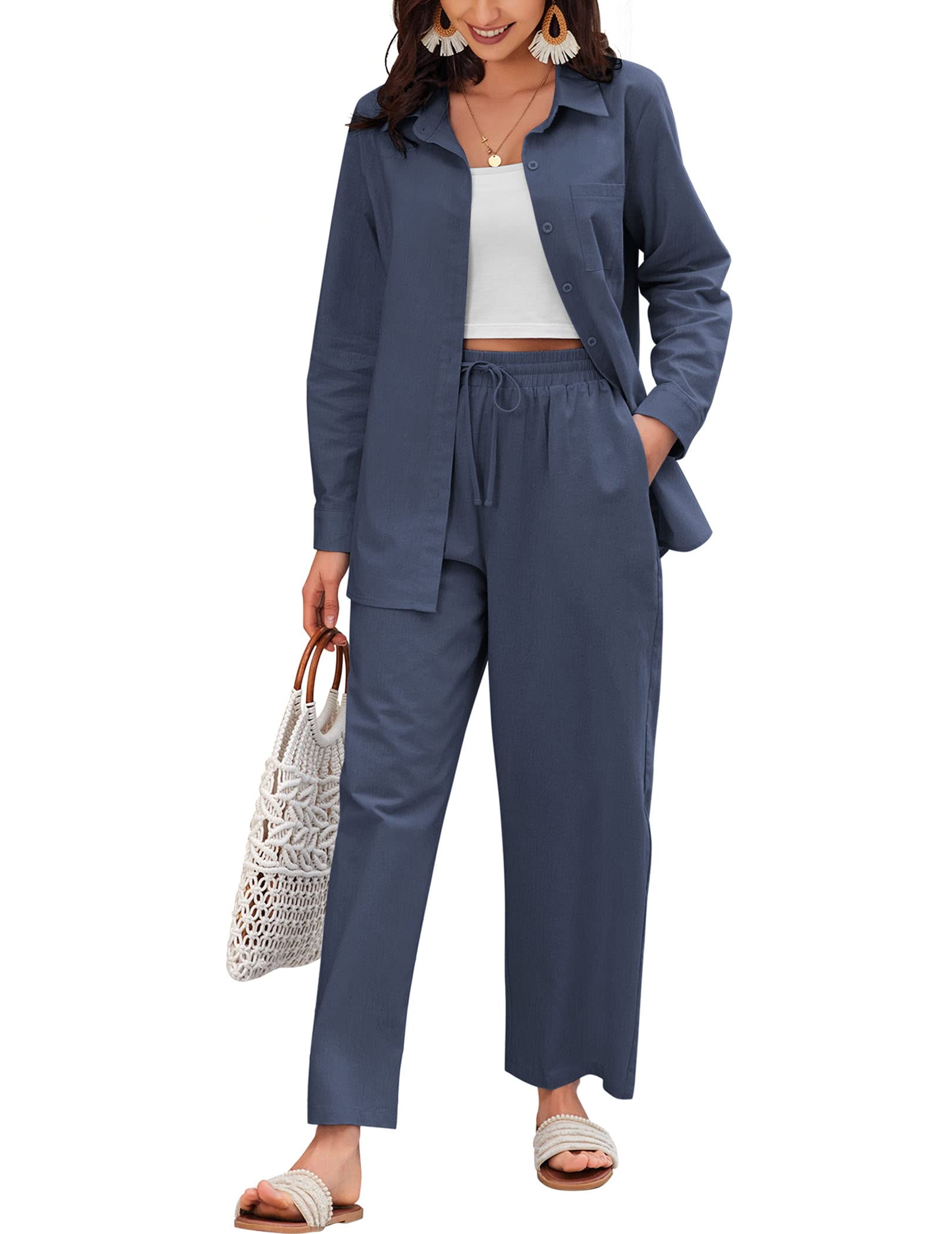 Zeagoo Women's Linen Suit Two Piece Set - Summer Beach Outfit with Linen Shirt and Pants | Casual Wear, Vacation, Travel & Outdoor Activities