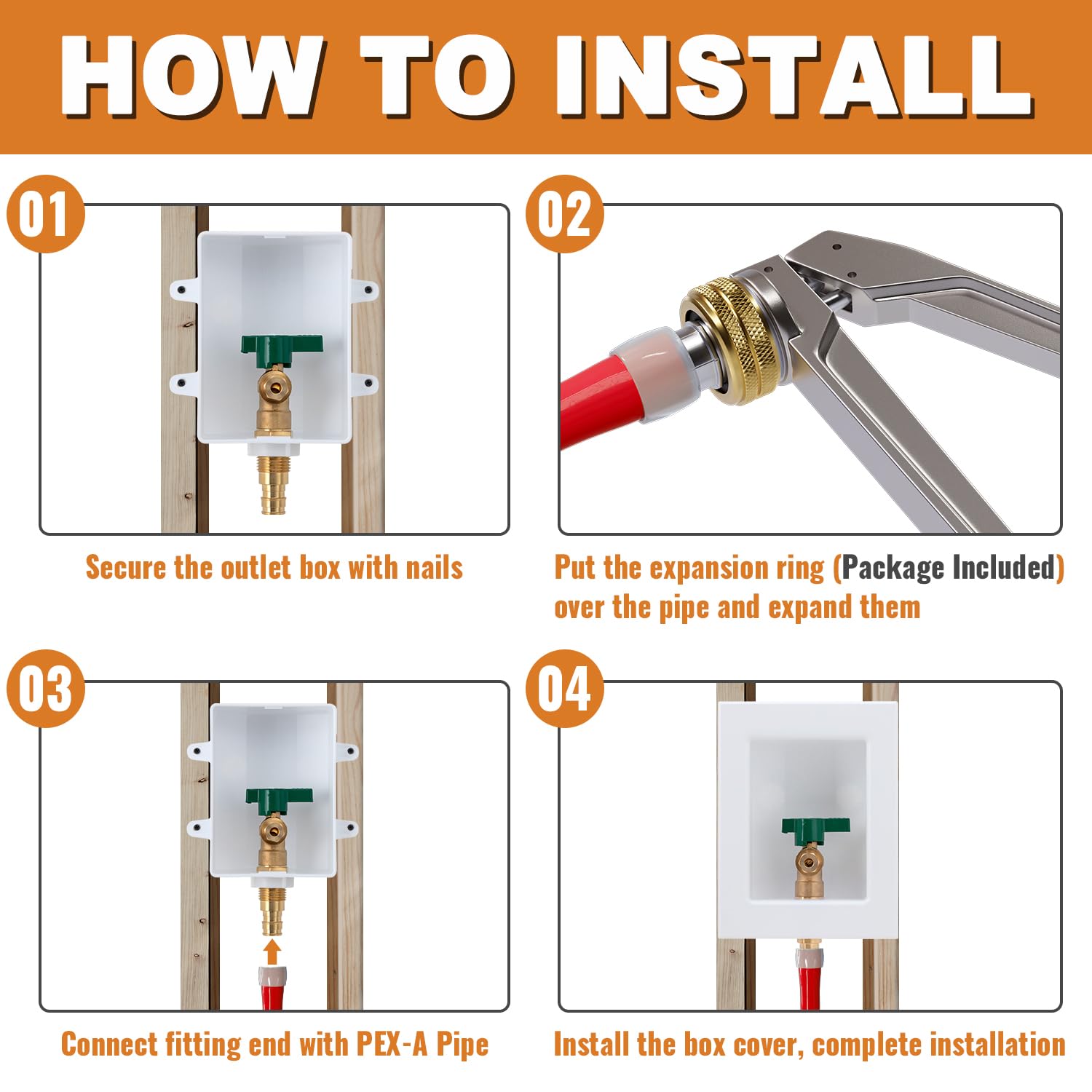 SUNGATOR Pex A Ice Maker Outlet Box - 1/2 Inch Pex Expansion Inlet to 1/4 Inch OD Compression Outlet - Ice Maker Valve Wall Box with 2 Expansion Rings - Compatible with Refrigerators & Water Dispensers - Perfect for Home Kitchen, RV, and Commercial Ice Machine Installations