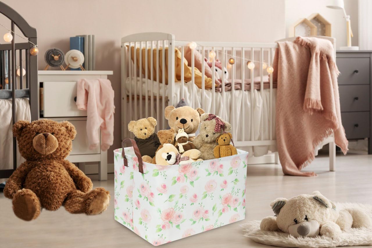 Essme Rectangular Rose Basket - Pink Storage Box with Handles, Flower & Toy Organizer for Girls Room Decor, Shelf Basket (Rose) - Perfect for Bedroom, Nursery & Playroom Organization