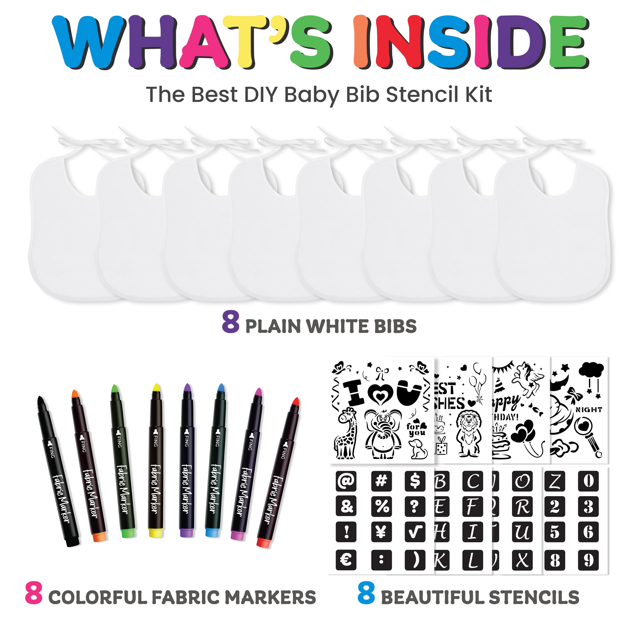 Baby Bibs Set - 2-Ply Knit Terry Cloth Feeding Bibs (8 Pack) with Fabric Markers & Stencils - Perfect for Baby Showers, Gender Reveals, and Registry Gifts - Ideal for Messy Meals, Art Activities, and Special Occasions