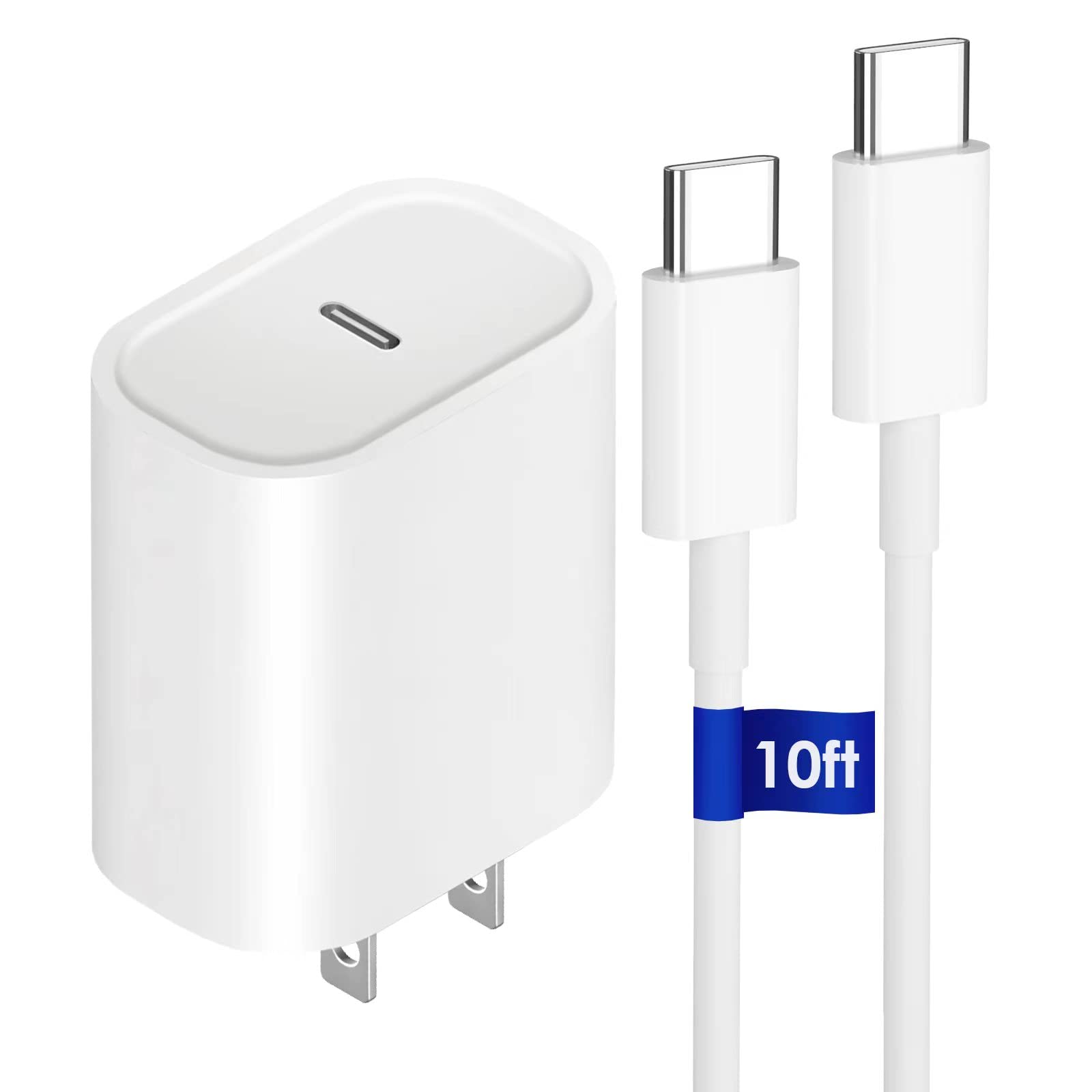 20W USB C Fast Charger for iPhone 15, iPad Pro 12.9/11 inch, iPad Air, iPad 10th Gen & Mini 6 | PD Wall Charger with 10ft USB C to C Cable | Perfect for Home, Office & Travel Charging