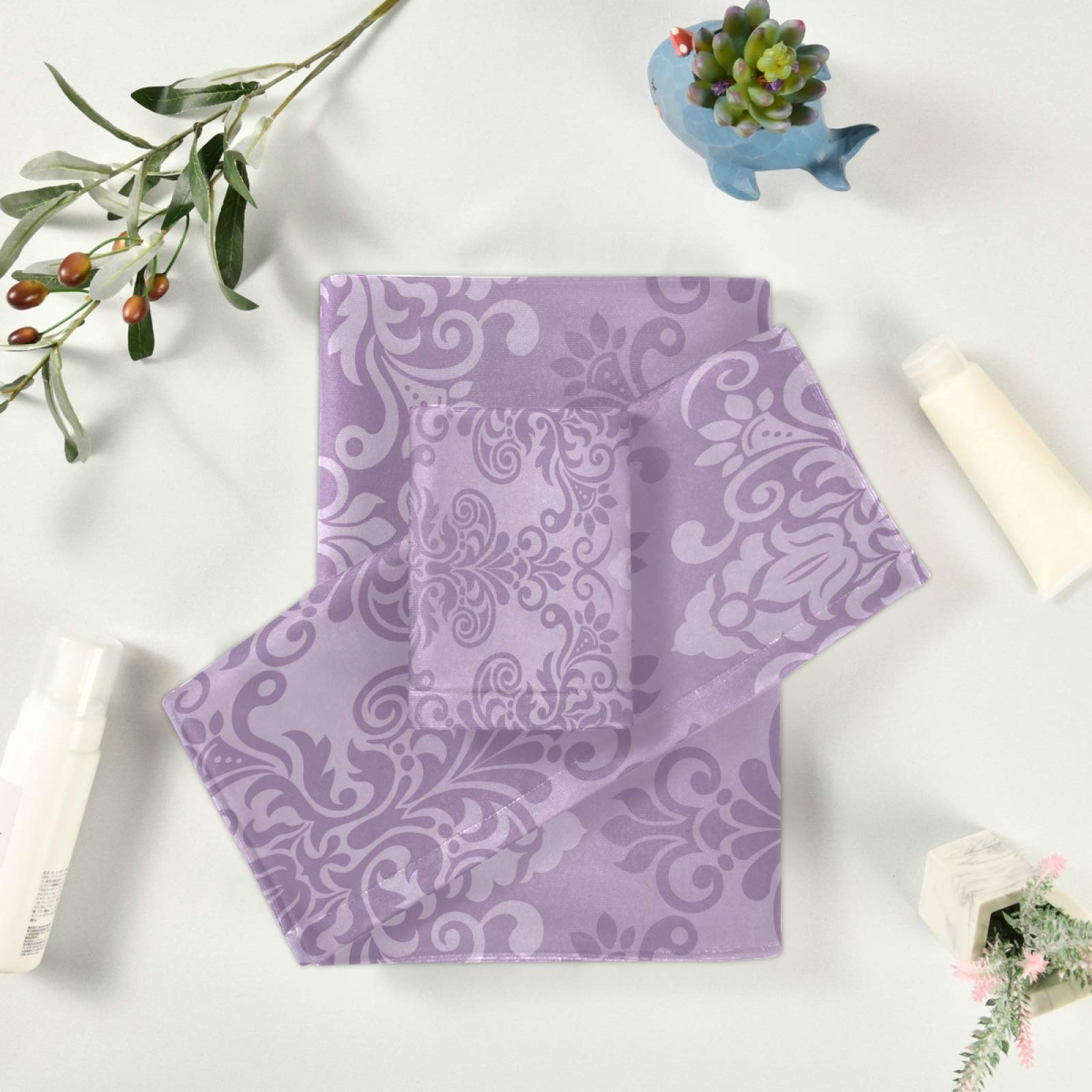 ALAZA 3-Piece Luxury Bath Towel Set - Soft, Highly Absorbent Purple Damask Floral Design (1 Bath Towel, 1 Hand Towel, 1 Washcloth) for Bathroom, Spa, Gym, Beach & Home Decor