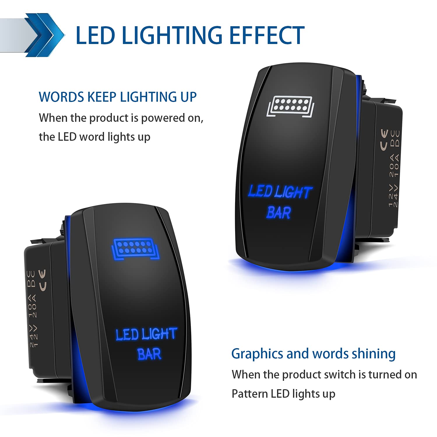 5-Pin LED Light Bar Rocker Switch with Blue Laser On/Off Indicator - 20A/12V & 10A/24V Toggle Switch with Jumper Wires - Ideal for Automotive, Marine, Truck, Jeep, Off-Road, Bus & RV Lighting Systems