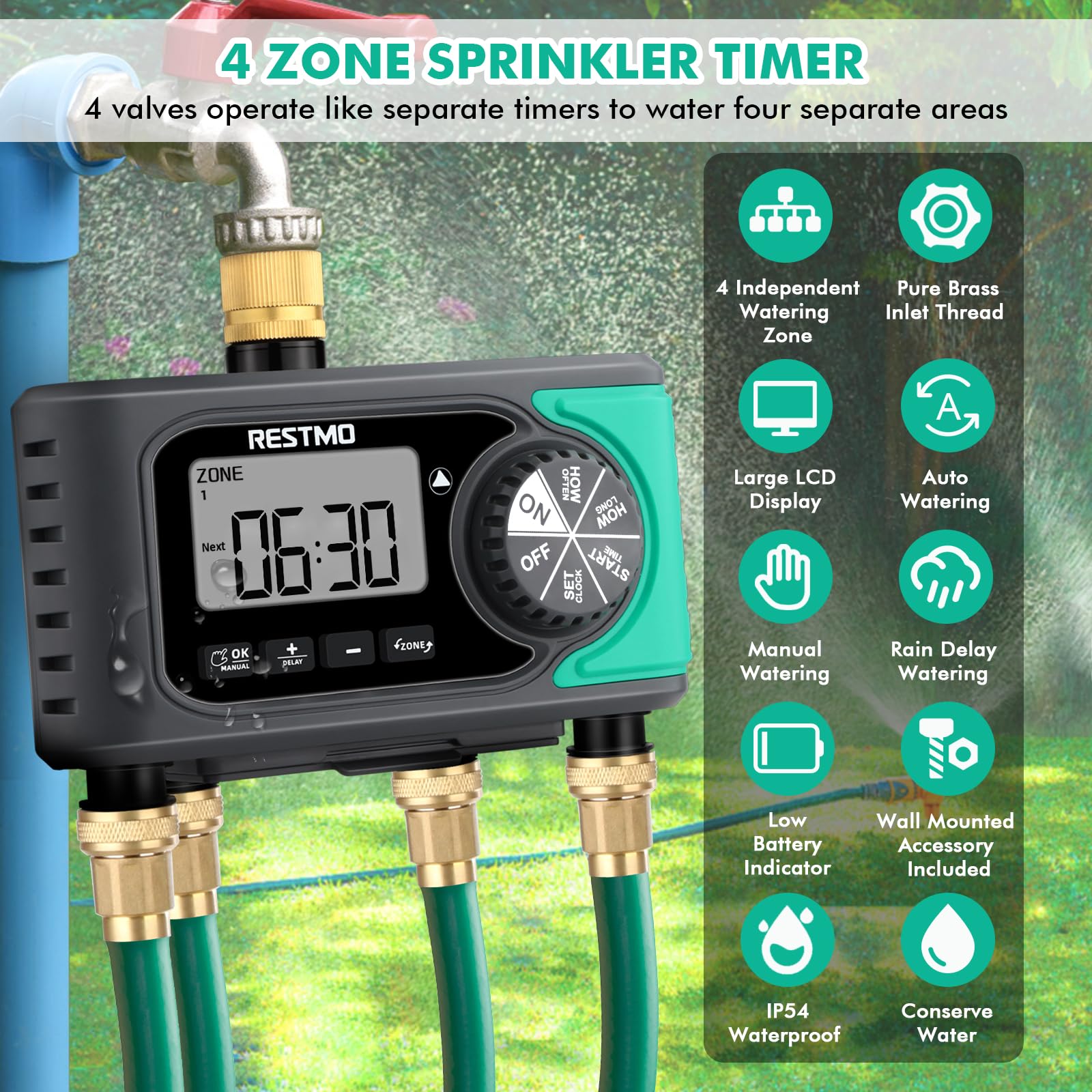 RESTMO 4-Outlet Sprinkler Timer with Brass Inlet - 4 Zone Programmable Water Timer for Garden Hose | Automatic Digital Control, Manual ON/Off & Rain Delay | Perfect for Outdoor Faucet, Drip Irrigation, Lawn & Garden Watering System