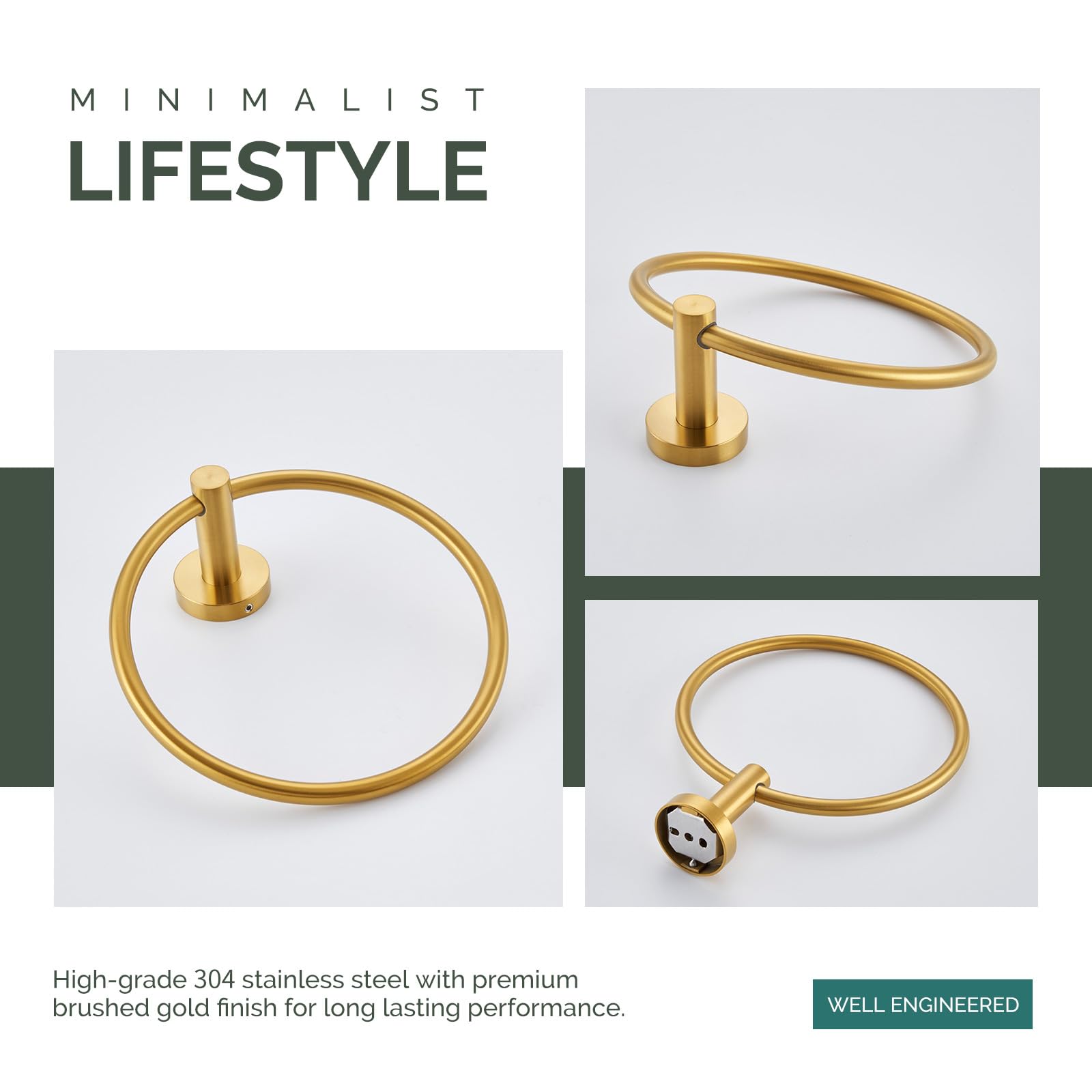 Brushed Gold Towel Ring - Angle Adjustable SUS304 Stainless Steel Wall Mounted Towel Holder - Modern Bathroom Accessory for Hand Towels, Washcloths & Spa Decor