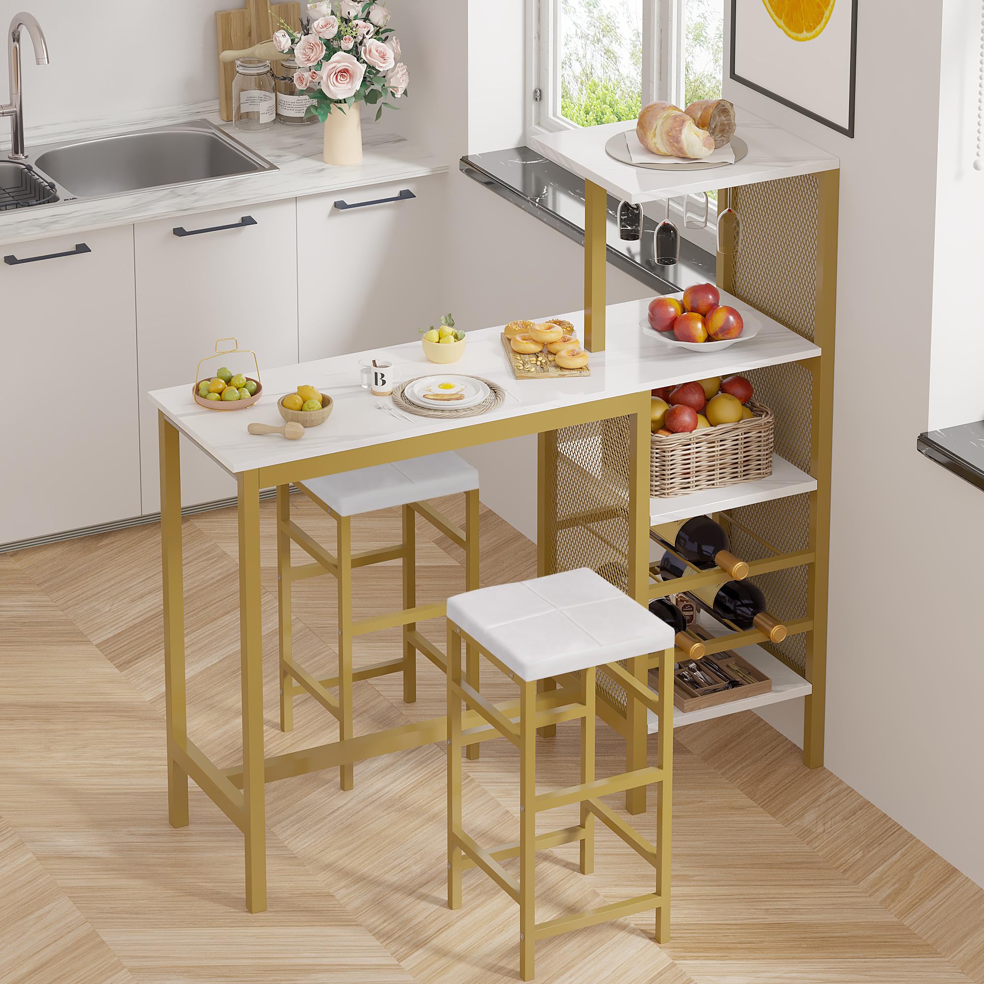 VECELO 3-Piece Bar Table and Chairs Set with Storage Shelves, Cup Holder & Wine Rack - PU Leather Cushion Stools for Small Space Kitchen, Gold - Perfect for Breakfast Nook, Apartment Balcony or Compact Dining Area