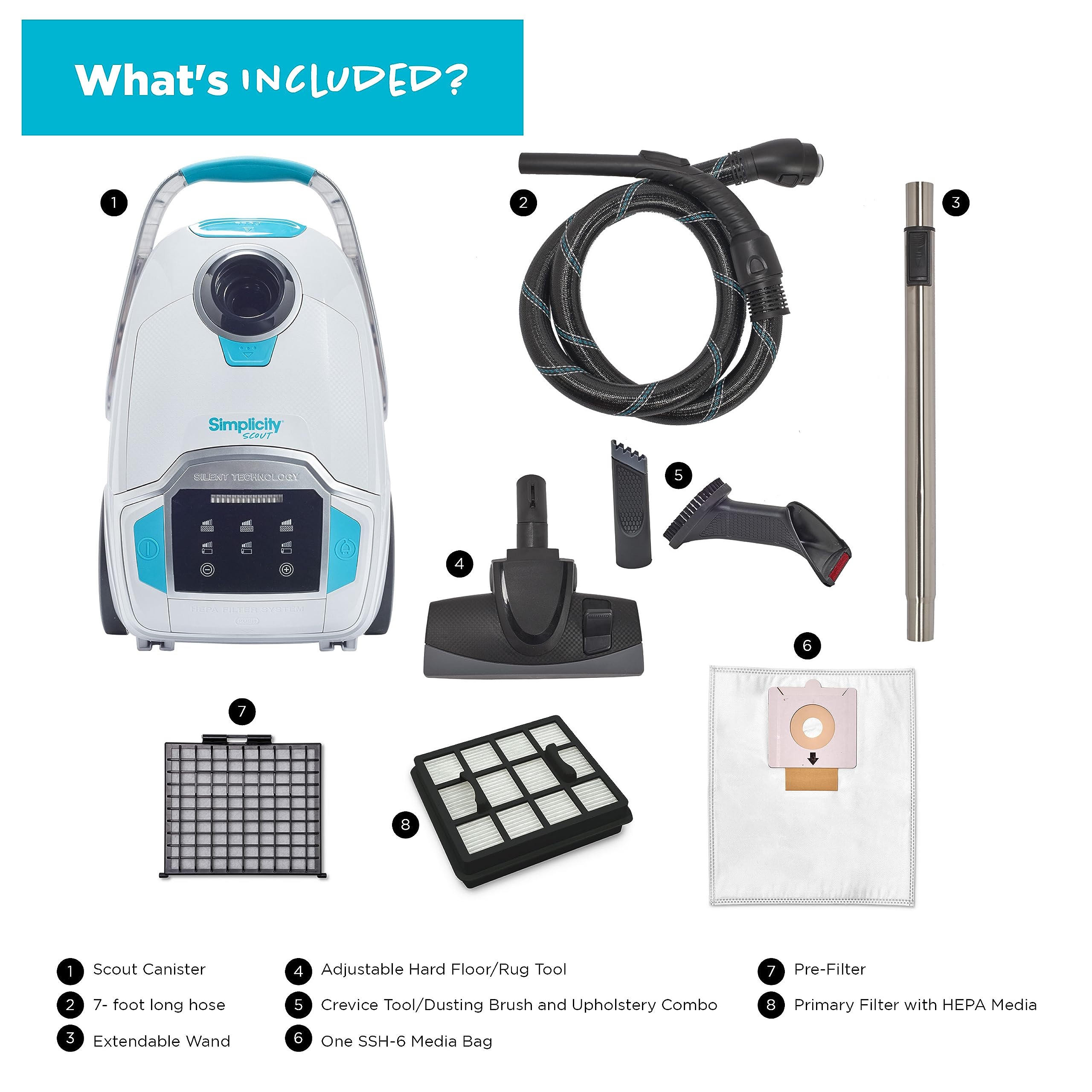 Simplicity Scout Canister Vacuum Cleaner - Compact & Powerful for Rugs & Hardwood Floors | Extendable Wand & Digital Suction Control | Ideal for Pet Hair, Stairs & Tight Spaces