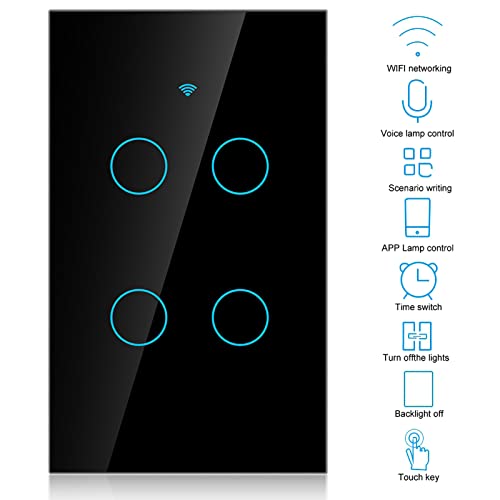 4-Way Smart Light Switch - Wall Mounted Remote Control with Voice Command for Home Automation - Compatible with SIRI & Alexa - Perfect for Living Room, Bedroom & Kitchen (US Black)