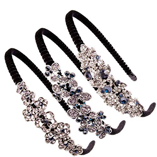 Kicosy 3-Pack Vintage Rhinestone Headbands for Women - Beaded Butterfly Hair Hoops with Floral Leaves & Flannelette Wrap - Elegant Hair Accessories for Weddings, Parties, and Special Occasions