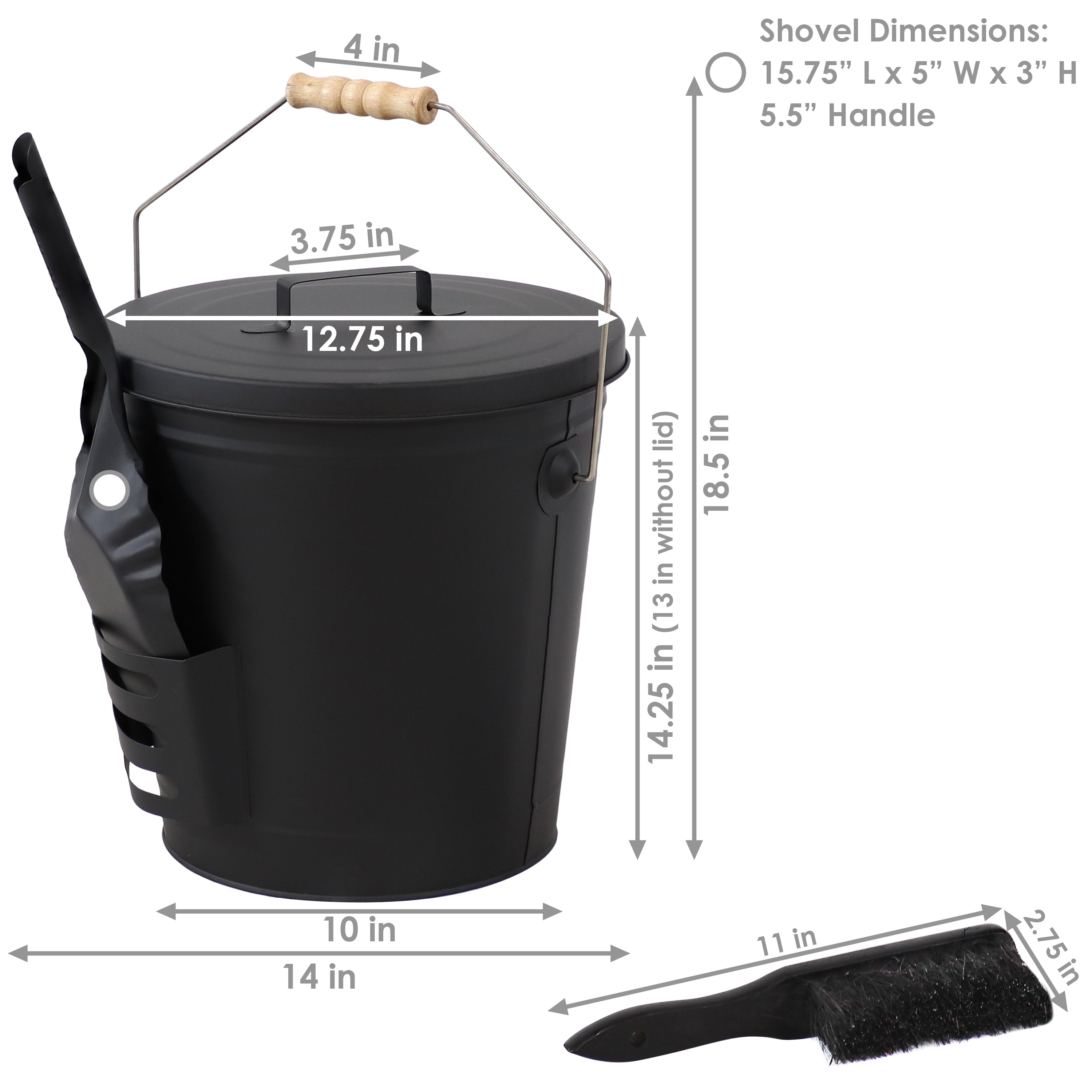 Sunnydaze 5 Gallon Fireplace Ash Bucket with Lid, Shovel & Brush - Heavy Duty Metal Ash Can for Fire Pit, Wood Stove & BBQ Cleanup - Outdoor & Indoor Use