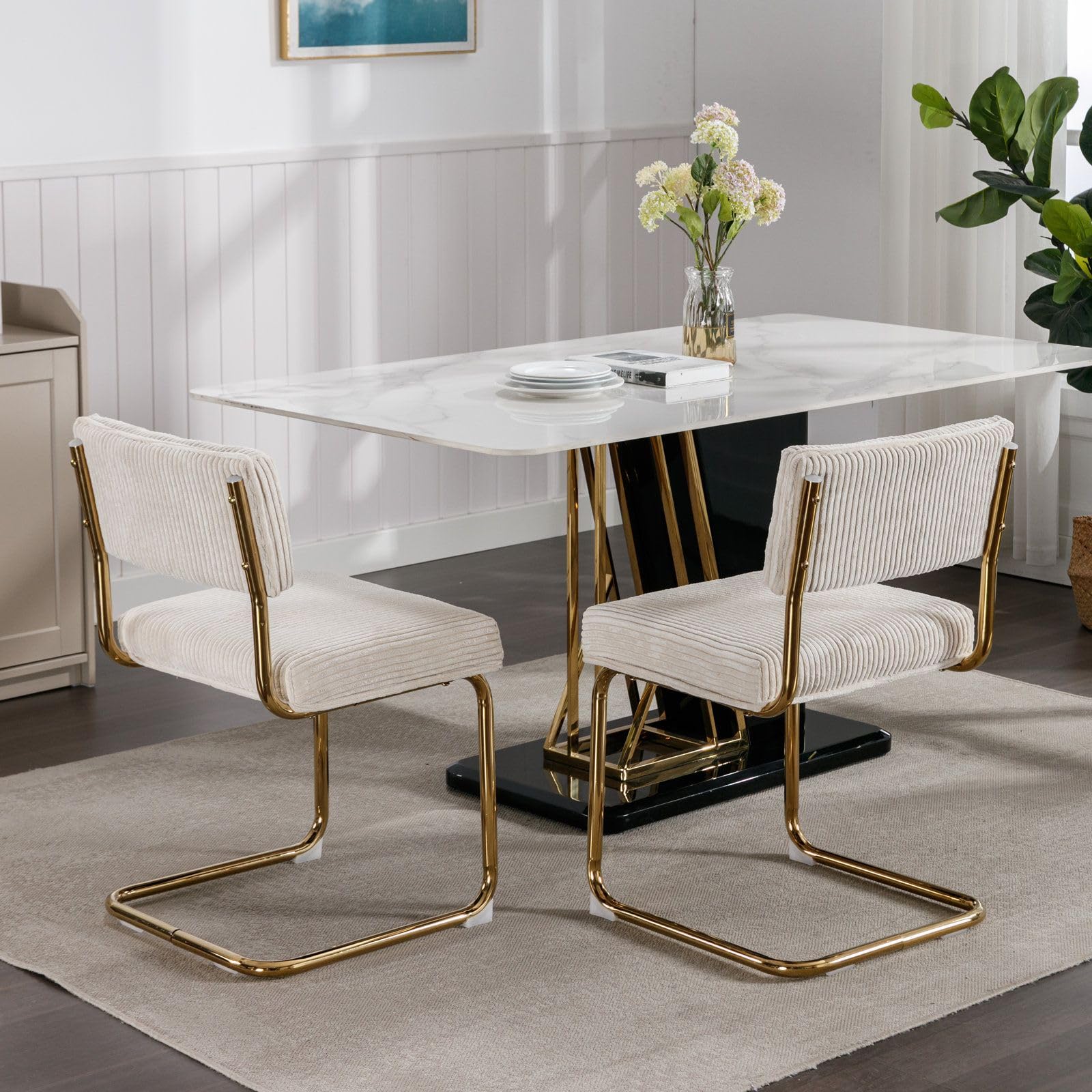 Rhomtree Modern Dining Chairs Set of 4 - Gold Metal Base & Corduroy Fabric Upholstery, Channel Tufted Armless Kitchen Chairs for Dining Room, Living Room, Bedroom - Beige | Elegant Home Decor & Comfortable Seating for Dinner Parties & Relaxation