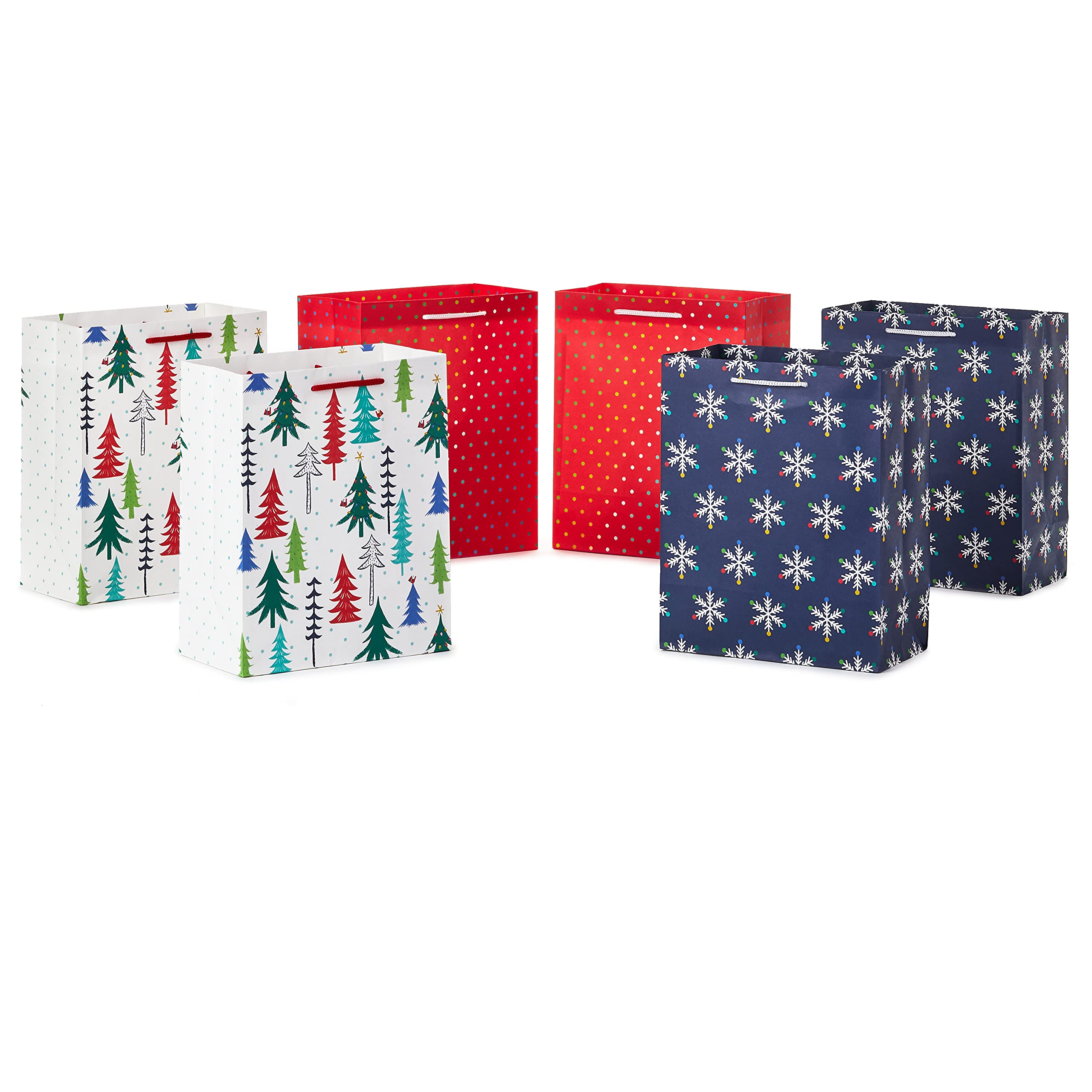 Hallmark 9 Inch Christmas Gift Bags Set of 6 - 3 Festive Designs (Red Polka Dot, Colorful Trees, Navy Snowflake) for Holiday Parties, Winter Weddings, Birthday Gifts & Christmas Presents - Perfect for Secret Santa, Office Exchanges & Festive Gift Wrapping