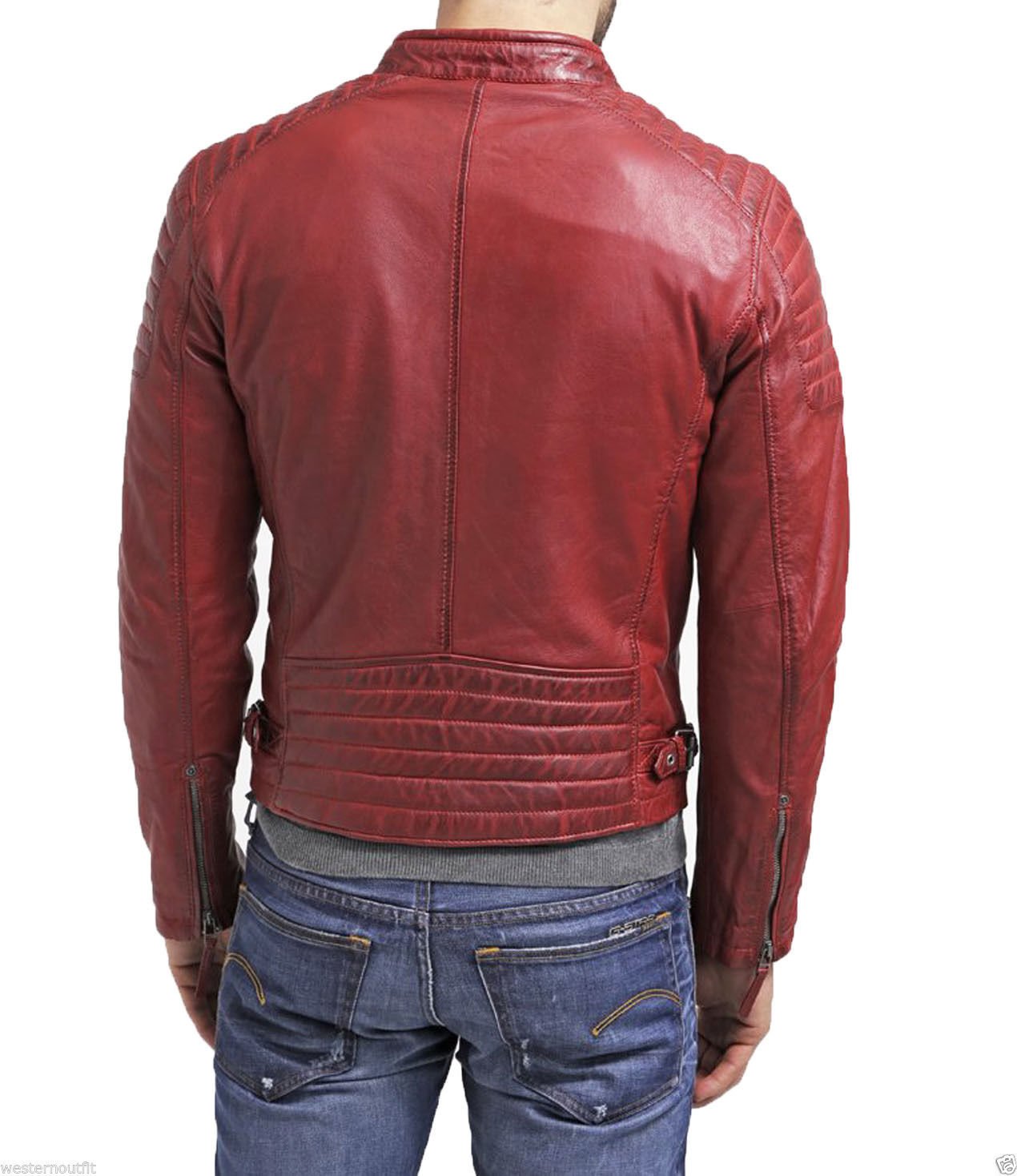 Men's Distressed Leather Motorcycle Jacket - Stylish Biker Bomber Jacket with Zipper - Red Vintage Outerwear for Riding & Casual Wear