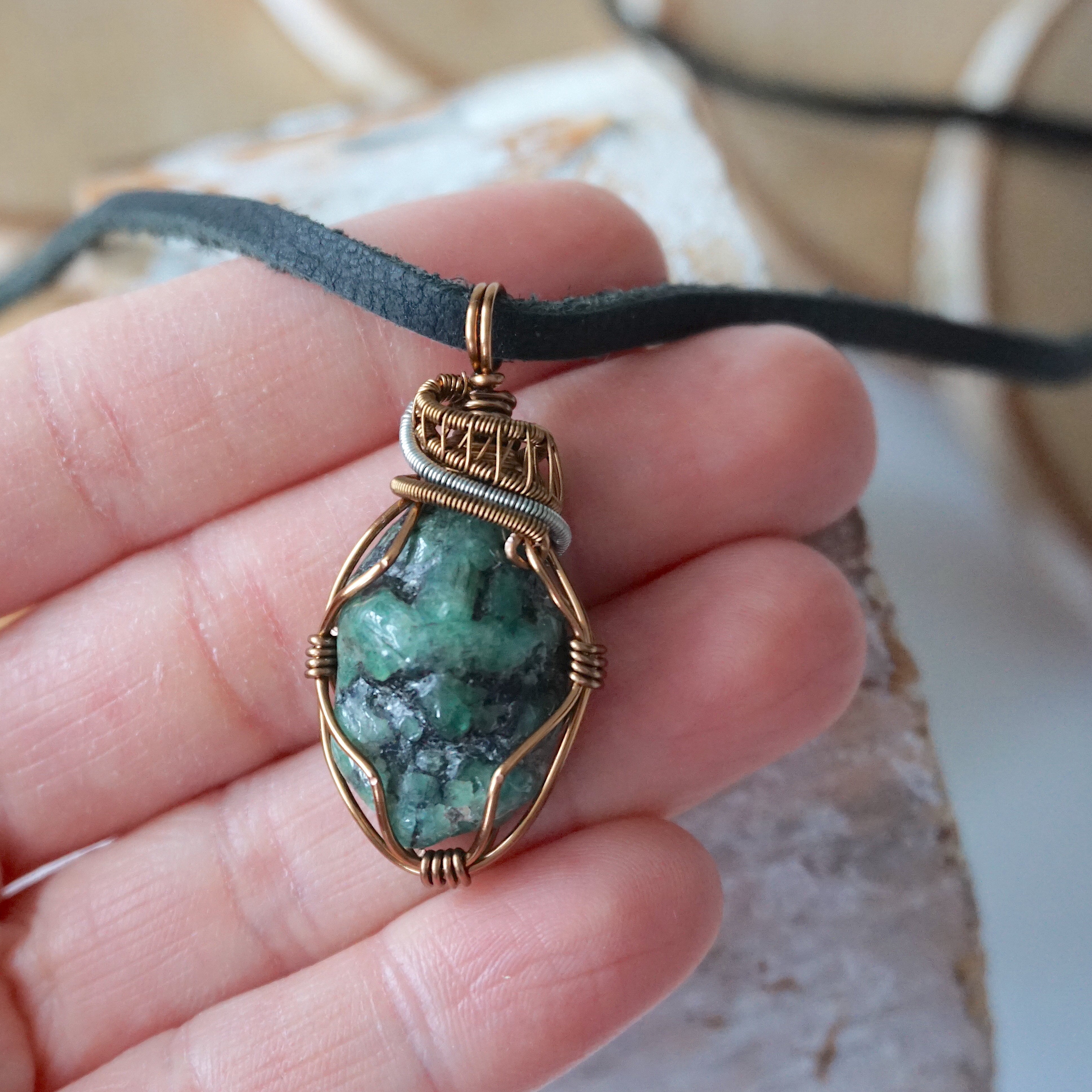 Handmade Men's Raw Emerald Necklace - Sterling Silver & Bronze Wire Wrapped Pendant with Black Leather Cord - Perfect for Gifts, Spiritual Healing & Boho Fashion