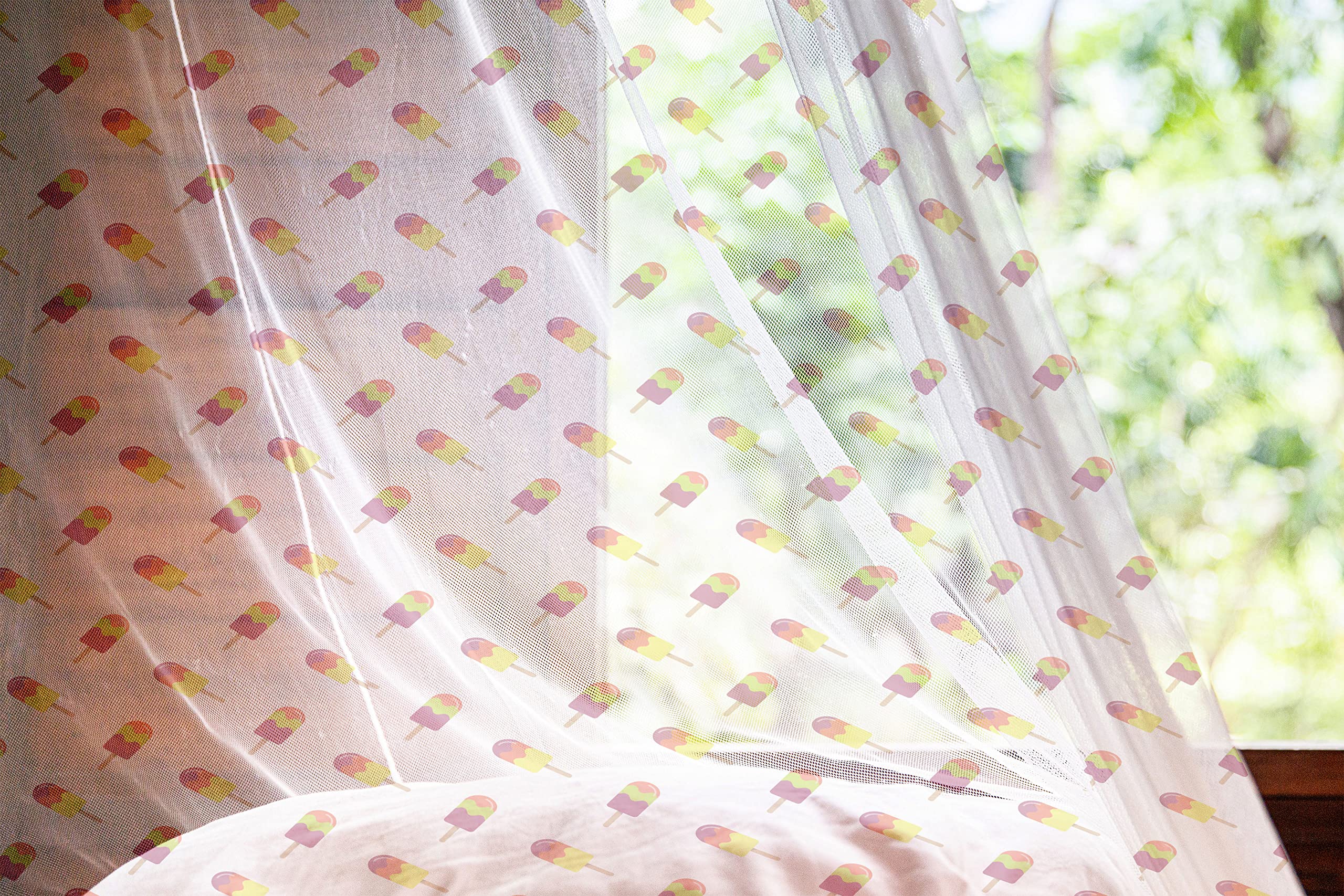 Ambesonne Ice Cream Tulle Curtains with Rod Pocket - Colorful Summer Snacks Diagonal Print Sheer Drapes for Kitchen, Bedroom, Wedding Party (Set of 2 Panels, 108