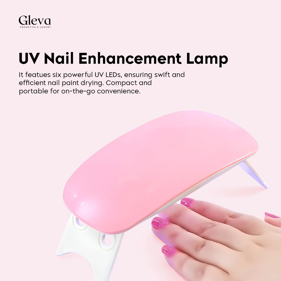 Gleva UV LED Nail Dryer - Foldable Mini Portable Nail Lamp for Quick Drying Gel Polish | Travel & Home Use | Perfect for Women & Girls | Salon Quality Curing Light (Pink) | Great for Manicures, Pedicures & Nail Art at Home or On The Go