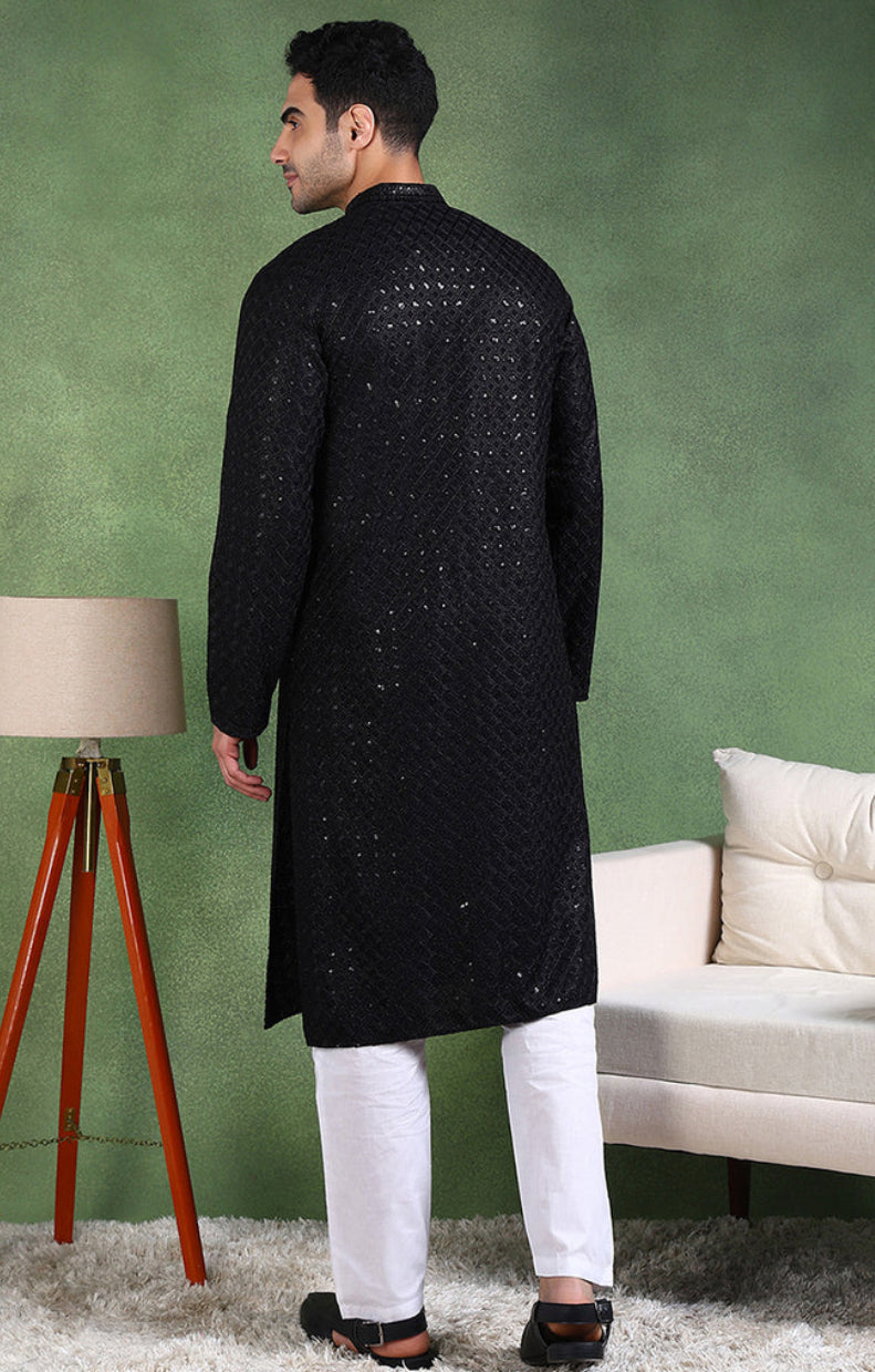 Elegant Black Chikankari Kurta for Men | Traditional Indian Embroidered Tunic | Perfect for Festivals, Weddings & Casual Wear