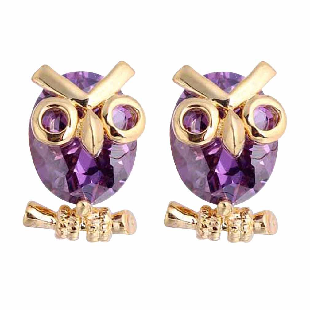 18k Gold Plated Oval Purple Cubic Zirconia Owl Stud Earrings for Women - Elegant Jewelry Gift for Birthday, Anniversary & Daily Wear