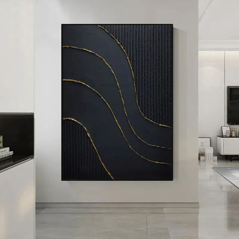 Black Gold Minimalist Textured Abstract Wall Art Painting #MZ011 - Modern Home & Office Decor for Living Room, Bedroom, Dining Area