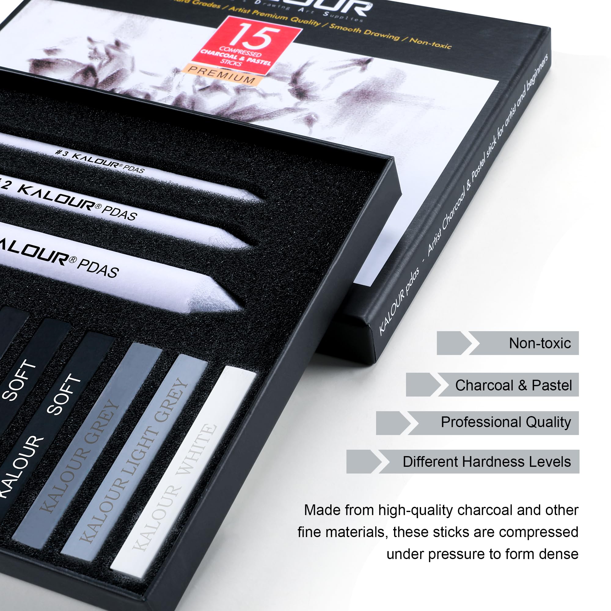 KALOUR 15 Pro Compressed Charcoal Drawing Set with Blending Stumps - Soft/Medium/Hard/White Charcoal Sticks for Sketching, Shading & Art - Perfect for Beginners & Professional Artists - Ideal for Portrait Drawing, Still Life & Figure Sketching