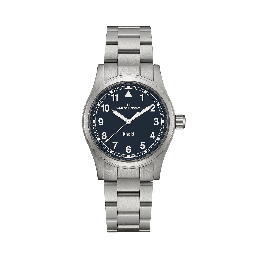 Khaki Field Quartz 38mm Blue Dial Watch with Stainless Steel Bracelet - Perfect for Outdoor Adventures & Casual Wear