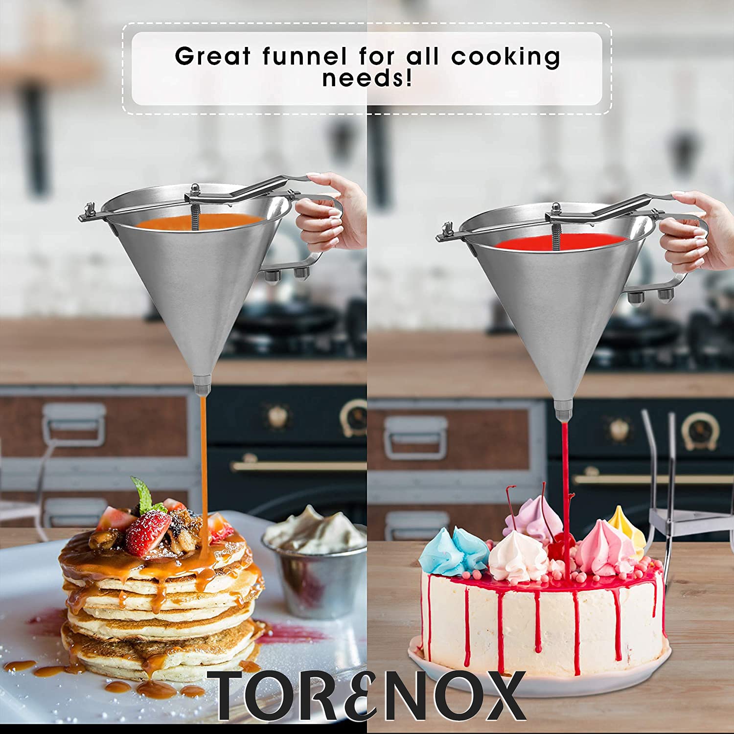 Professional Stainless Steel Confectionery Funnel with 3 Nozzles & Stand - Commercial Cake Decorating Tool for Baking, Candy Making & Dessert Presentation