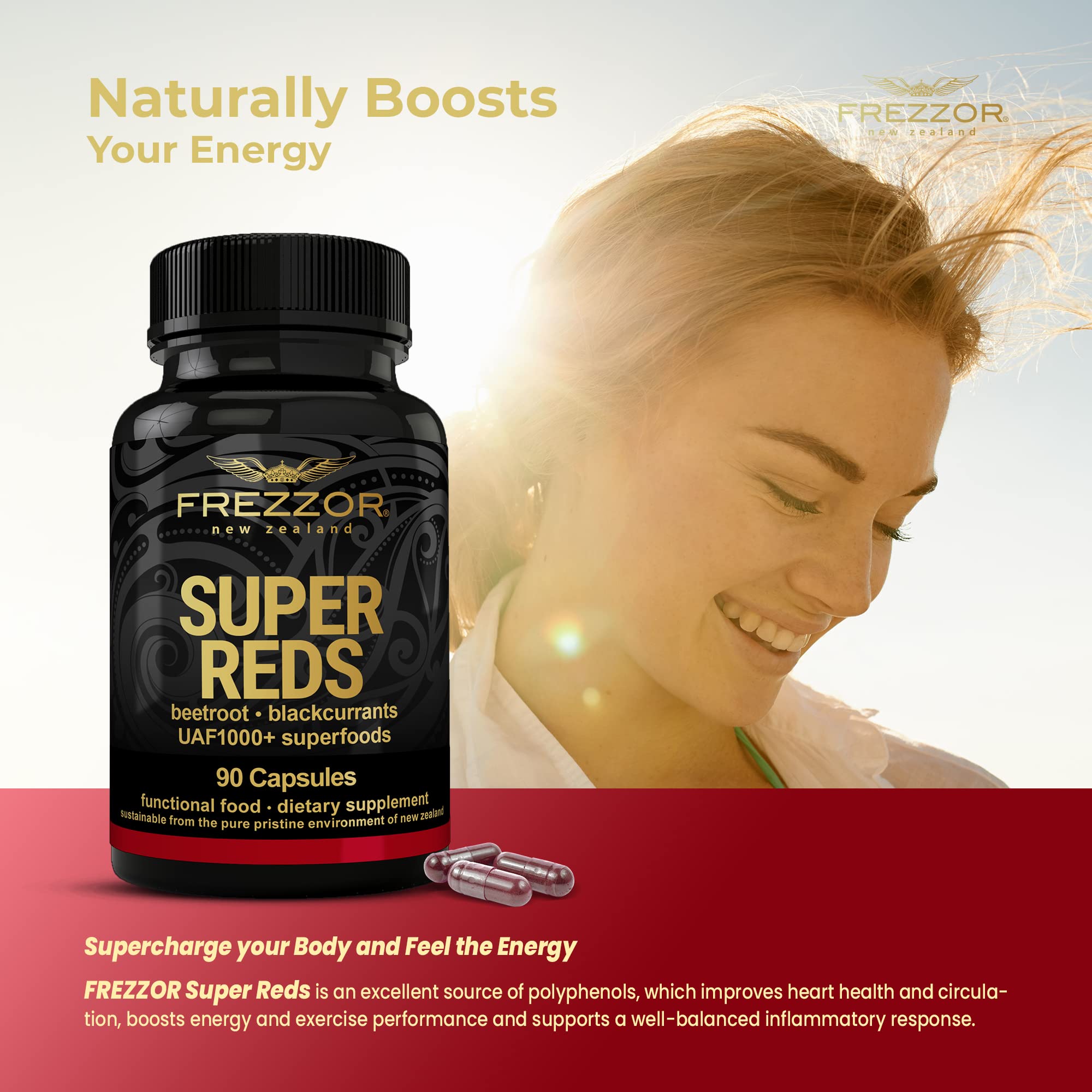 FREZZOR Super Reds Capsules with UAF1000+ | All-Natural New Zealand Red Superfood Energy Supplement | Antioxidant-Rich Red Fruits, Vegetables & Beets | 540 Capsules (6 Bottles) | Boost Energy & Immunity for Active Lifestyles
