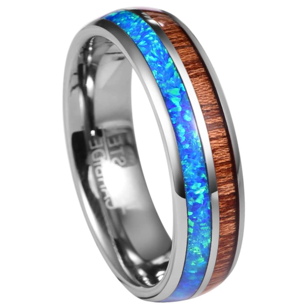 6MM Silver Tungsten Rings for Men & Women - Hawaiian Koa Wood & Blue Opal Inlay Wedding Bands, Comfort Fit Size 6-12 - Perfect for Anniversaries, Engagements & Unique Gift Giving