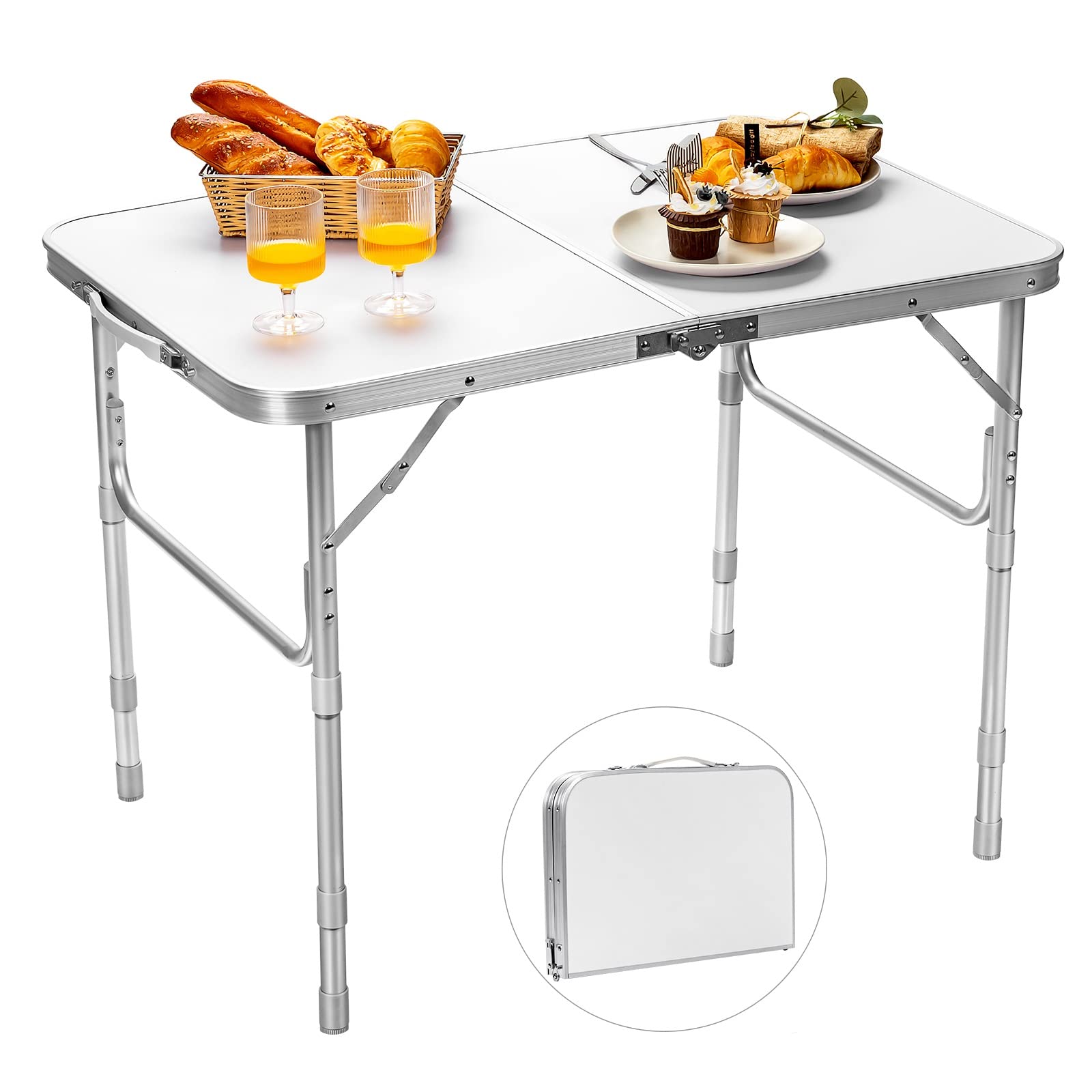 Rainfally 3FT Folding Picnic Table - Adjustable Height Aluminum Camping Table, Portable Fold-in-Half Dining Table for Outdoor, Indoor, Travel & BBQ (35.5