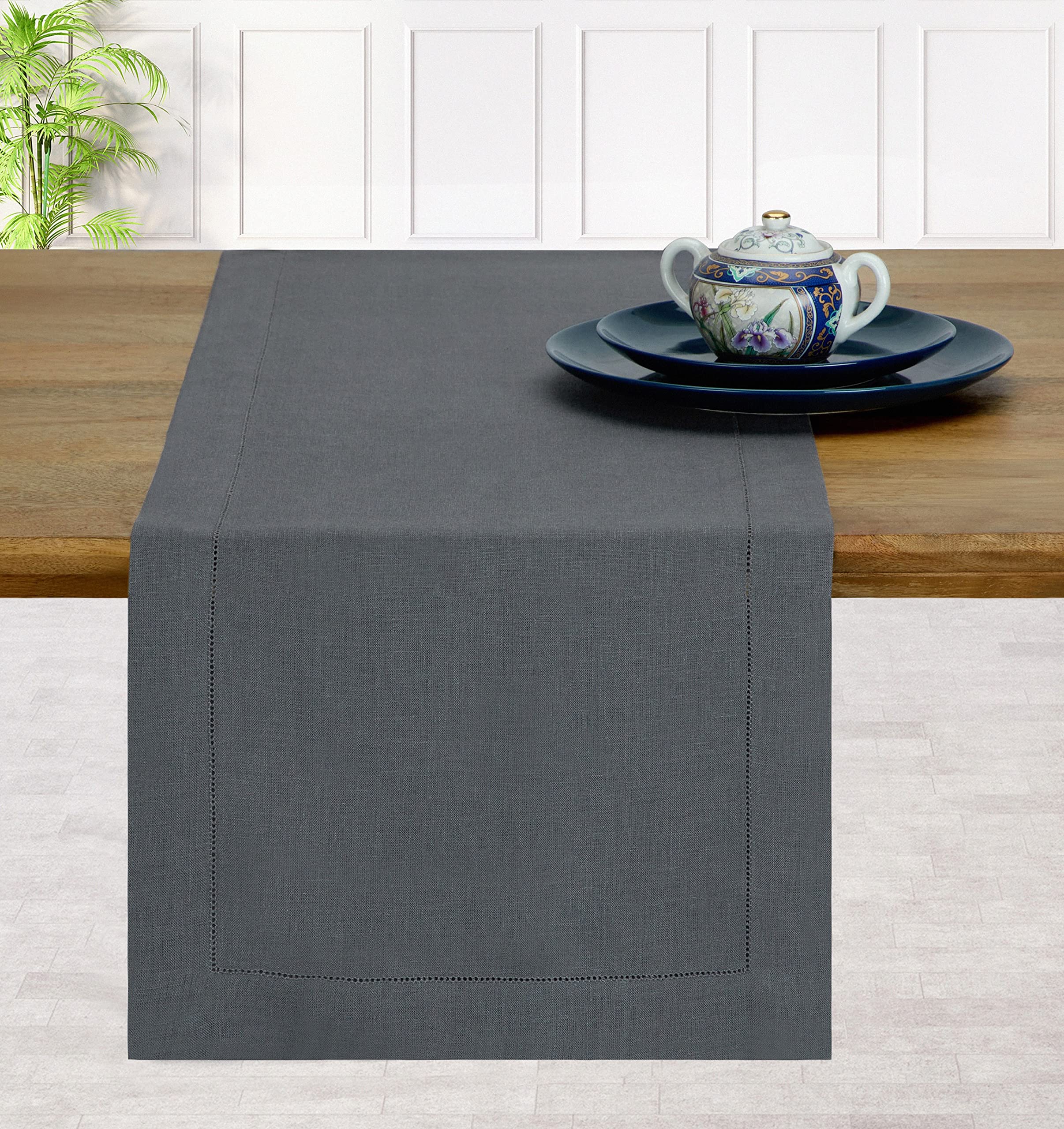 D'Moksha Homes Premium Linen Table Runner - 14 x 96 Inches, Charcoal Gray, Hemstitch Edge, Machine Washable for Fall, Halloween, Christmas & Thanksgiving Decor | Perfect for Dining Tables, Coffee Tables, Buffets and Holiday Centerpieces
