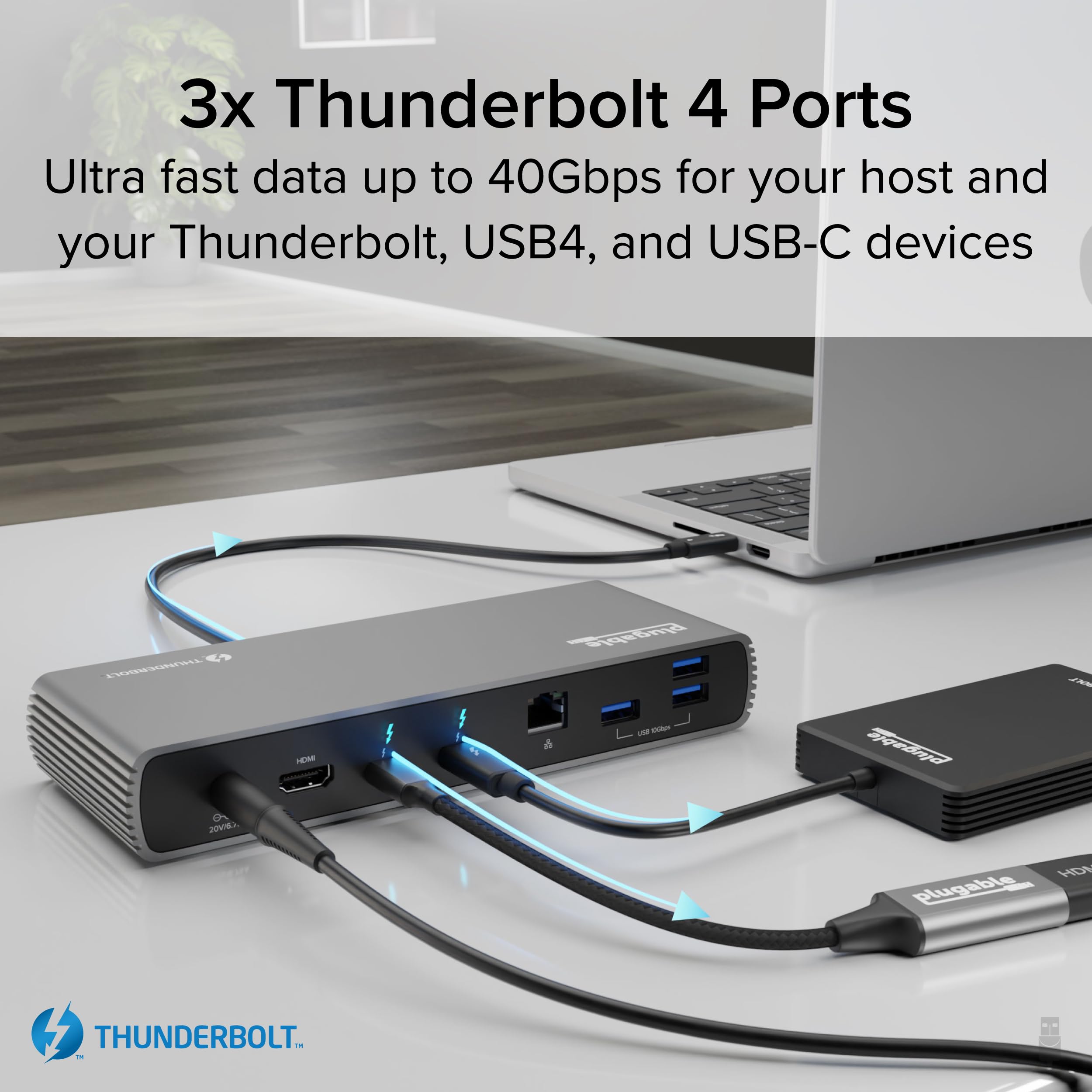 Plugable Thunderbolt 4 Dock - 100W Charging, 3 Thunderbolt Ports, Dual 4K/8K Monitor Support, 2.5G Ethernet, SD Card Reader, 4 USB Ports - Ideal for MacBook Pro, Windows Laptops & Home Office Setup