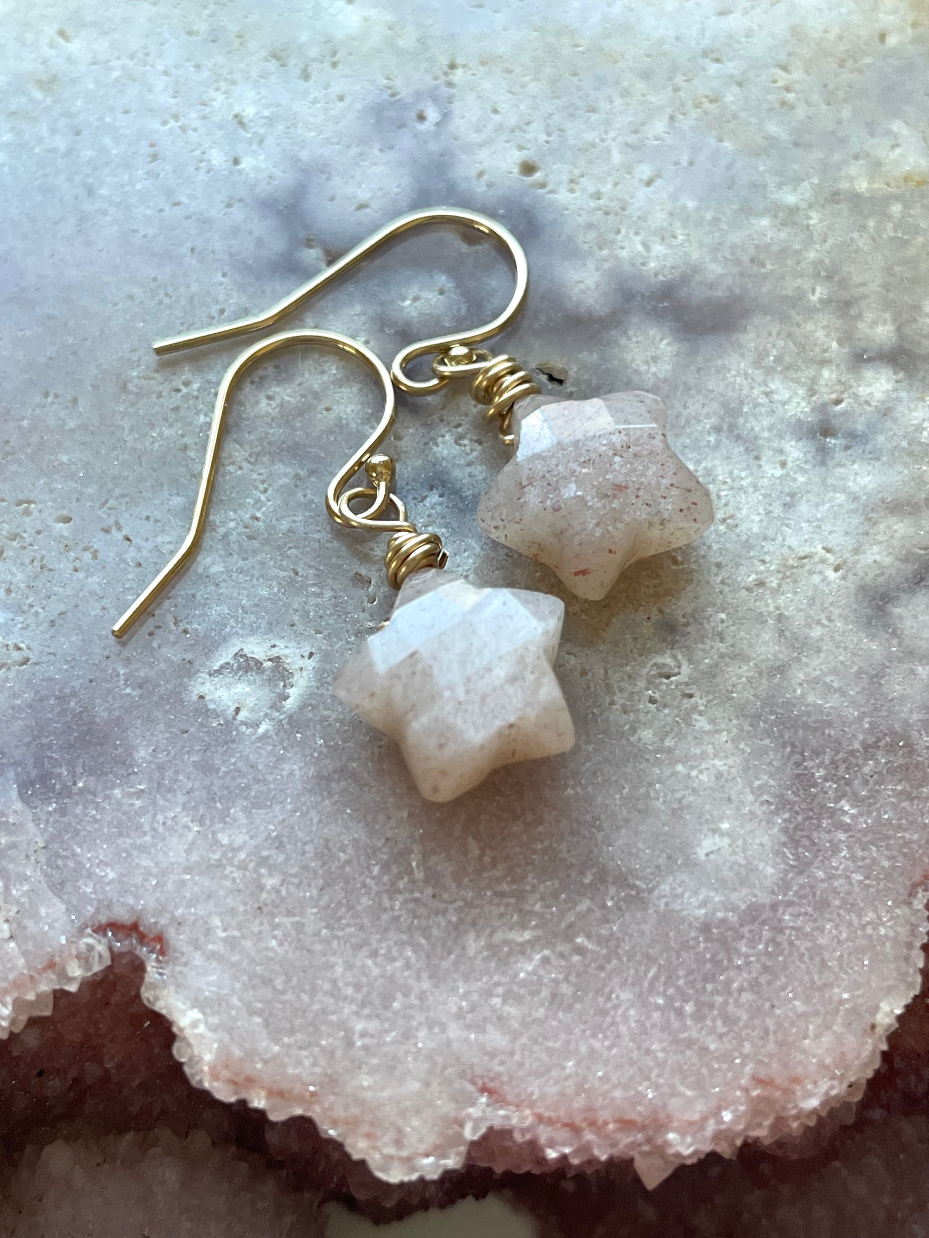 Peach Moonstone Star Earrings - Dainty Dangle Drop Earrings for Women | Perfect for Everyday Wear, Date Nights & Boho Jewelry Collection