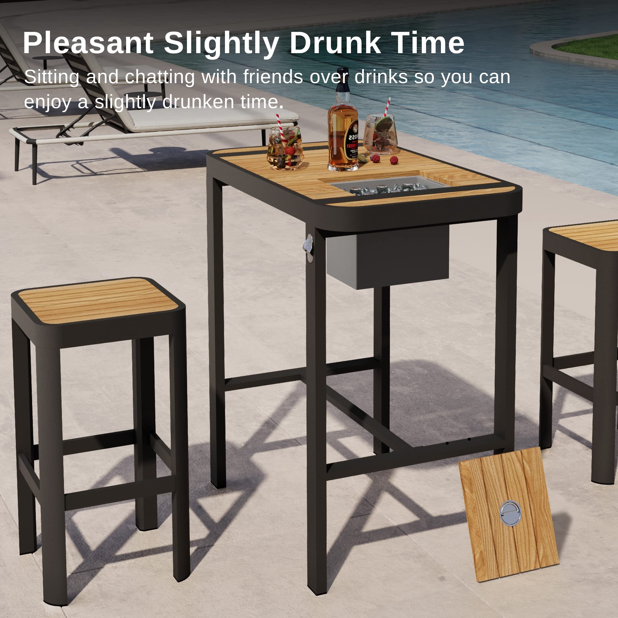 EAST OAK Signature 3-Piece Outdoor Bar Table and Chairs Set - Teak & Aluminum High Top Patio Furniture for Backyard, Poolside, Deck - Weather-Resistant Dark Grey Bistro Set for Entertaining