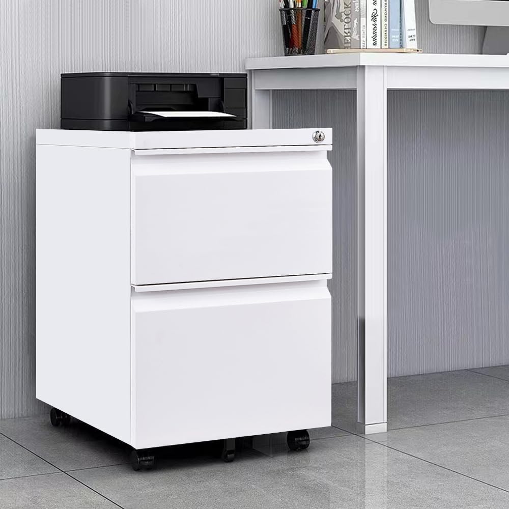 Panana 2-Drawer Mobile File Cabinet with Lock - Commercial Vertical Rolling Filing Cabinet for Letter & A4 Size Documents - Office, Home, or Classroom Storage (White)