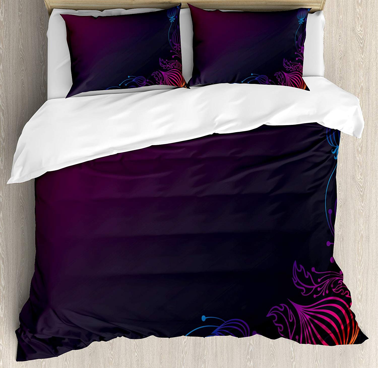 Indigo Duvet Cover Set King Size - Rainbow Ombre Floral Swirl Design with Black Purple Backdrop, 4-Piece Bedding Set Includes Quilt Cover & 2 Pillowcases | Luxury Bedroom Decor for Modern Homes & Guest Rooms