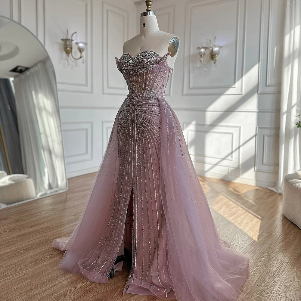 Luxury Dubai Nude Beaded Mermaid Evening Dress with Overskirt - Elegant Formal Gown for Prom, Wedding & Black Tie Events | LA72811