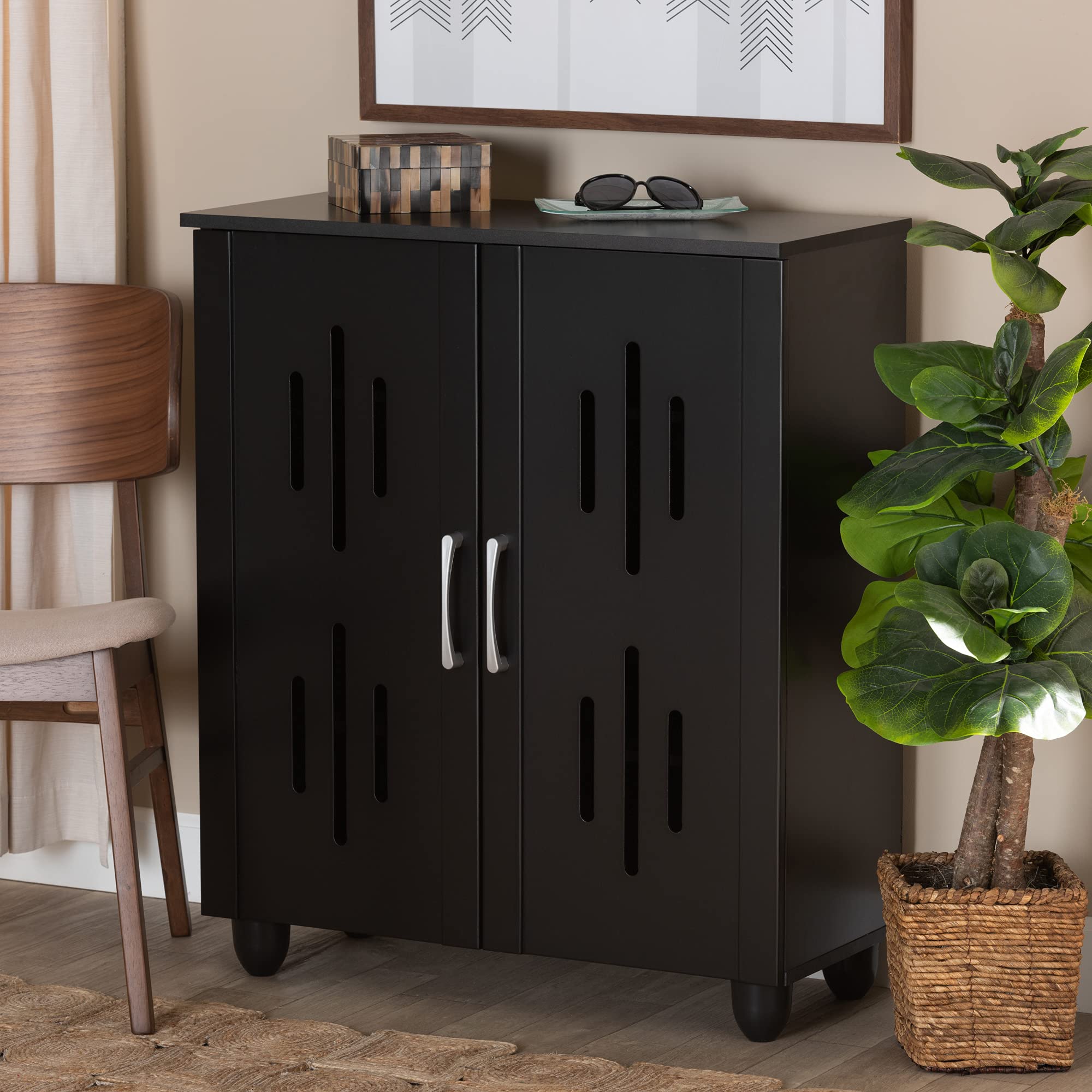 Baxton Studio Renley Modern Shoe Cabinet with Storage - Black and Silver Finish for Entryway, Hallway, or Bedroom Organization