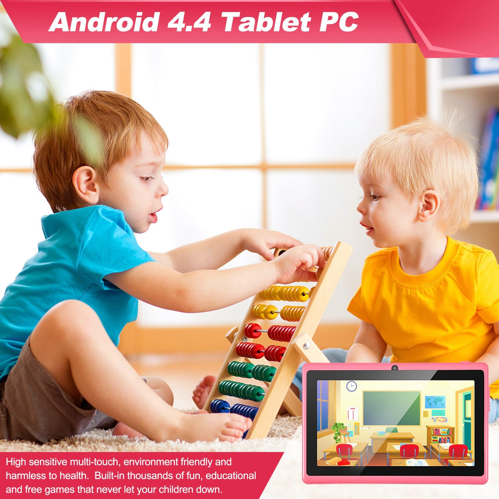 HUPYOMLER 7 Inch Kids Tablet - Android Quad Core, Dual Camera, WiFi, Educational Learning & Games - Perfect Gift for Children (Pink) | Ideal for Homeschooling, Travel Entertainment & Early Childhood Development
