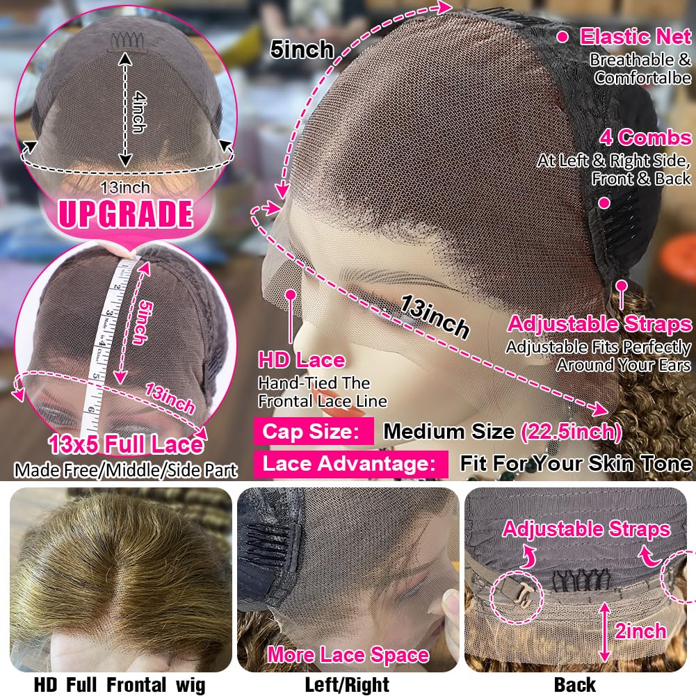 CYNOSURE 13x5 Curly Honey Blonde Ombre Highlight HD Lace Front Human Hair Wig for Women - Invisible Pre-Plucked 18 Inch - Perfect for Daily Wear, Parties & Special Occasions