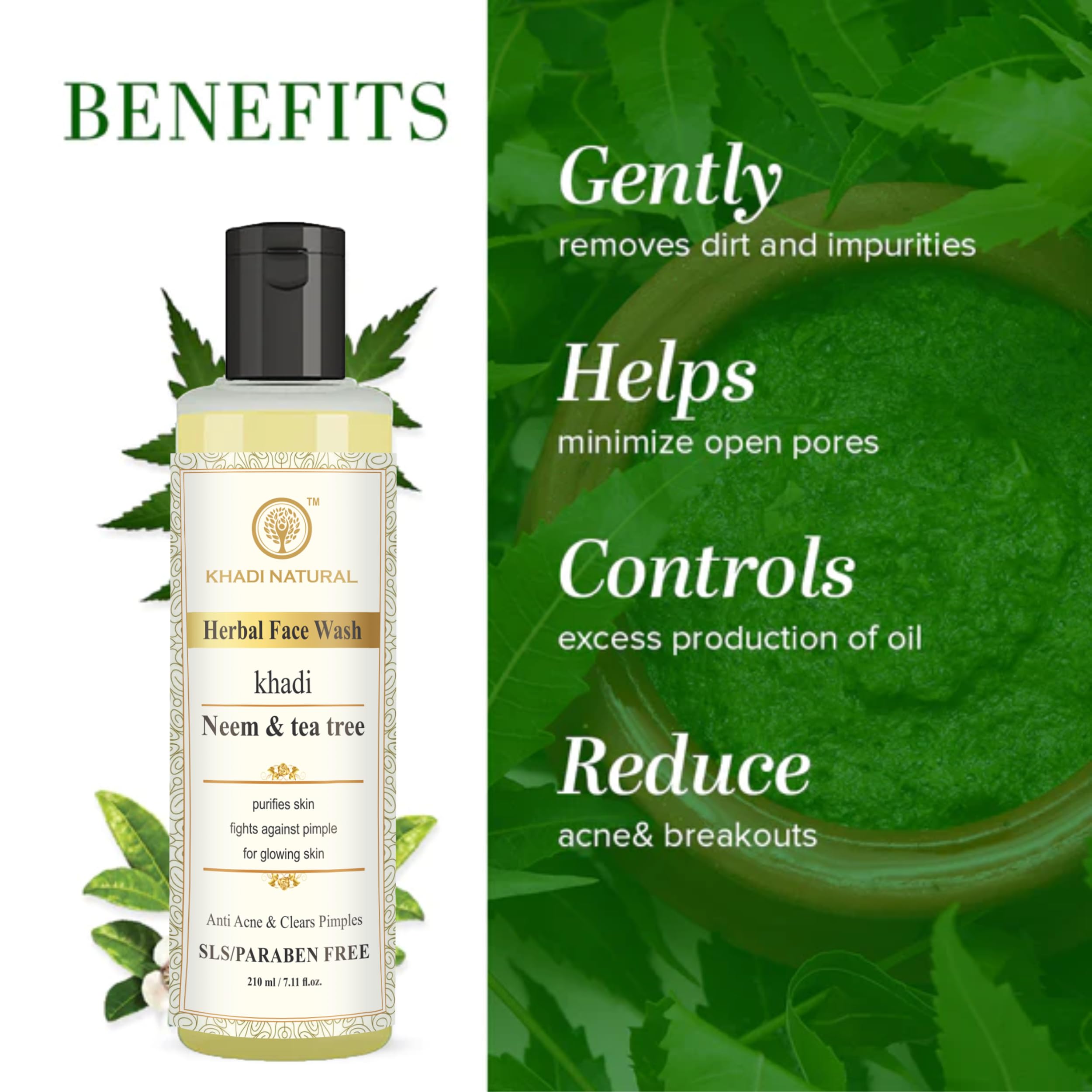 Khadi Natural Neem & Tea Tree Herbal Face Wash for Acne & Oily Skin - 210ml (Pack of 2) | Organic Cleanser for Clear & Glowing Skin | Perfect for Daily Skincare Routine & Travel