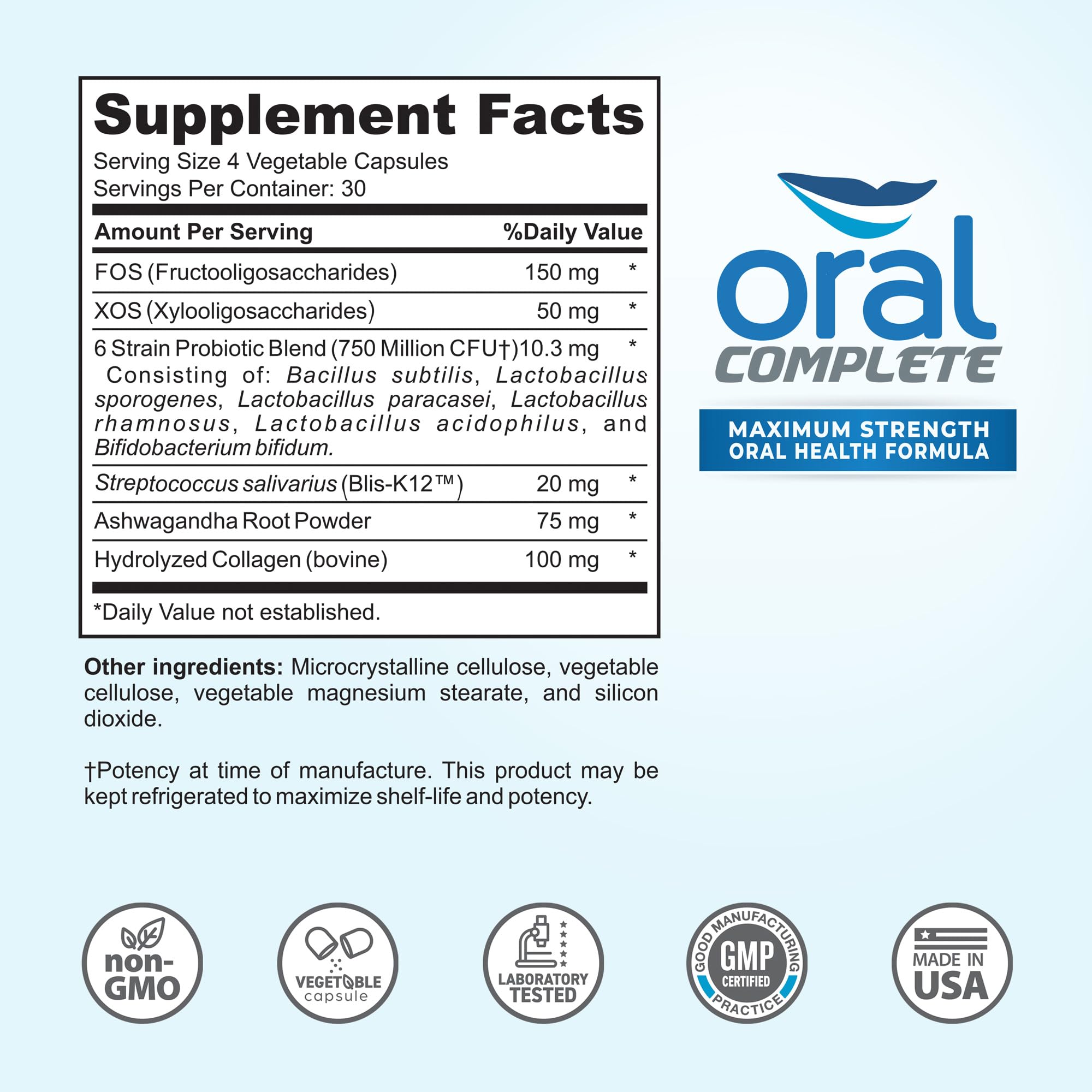 Oral Complete 11-in-1 Dental Probiotics for Bad Breath & Halitosis Treatment - Supports Tonsil Stone Prevention with BLIS K12, Ashwagandha & Collagen - Non-GMO Formula, 120 Capsules - Freshen Breath & Improve Oral Health for Daily Use