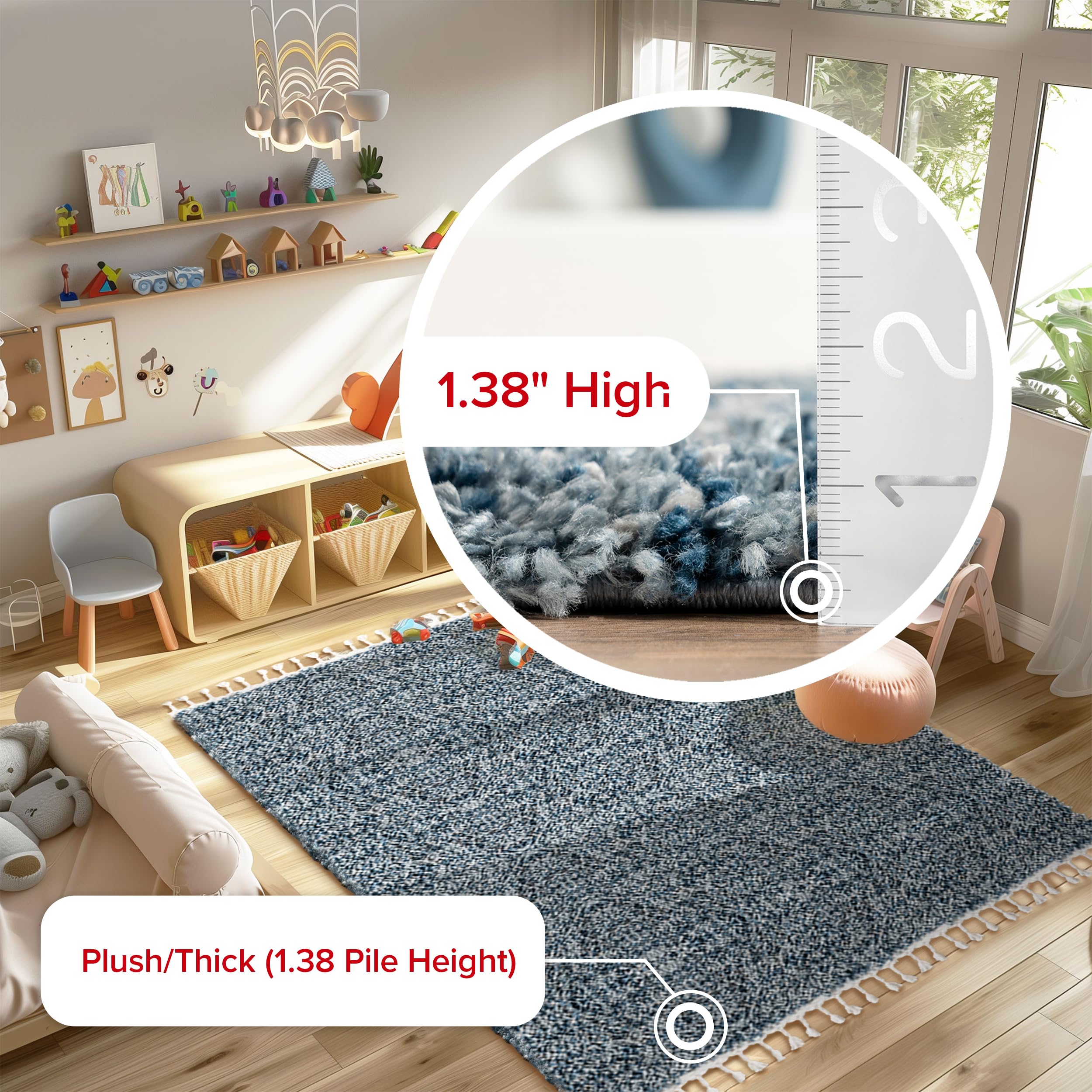 nuLOOM Brooke Shag Tasseled Area Rug - 5' x 5' Square Soft Shaggy Rug in Casual Blue & Ivory for Living Room, Bedroom, Dining Room, Nursery - Perfect for Cozy Home Decor & Kids Play Area