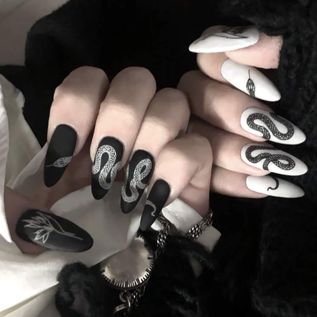 Sethexy 24Pcs Matte Stiletto Press on Nails - Black White Snake Print Acrylic Fake Nails for Women, Long Full Cover False Nails Tips | Perfect for Parties, Weddings, and Special Occasions