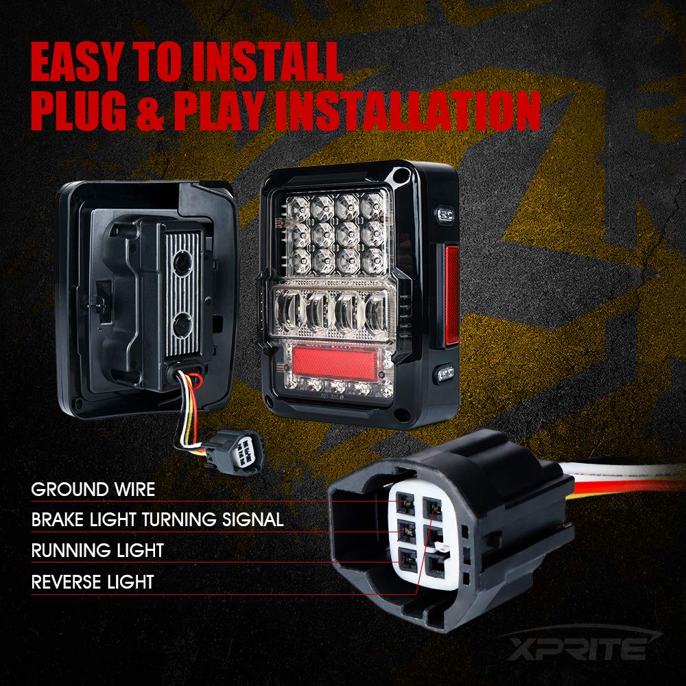 Xprite LED Tail Lights for Jeep Wrangler JK JKU Rubicon Sahara Sport 2007-2018 - DOT Approved 4D Clear Lens Brake Turn Signal & Reverse Lights with Accessories - Perfect for Off-Roading, Night Driving & Custom Jeep Upgrades
