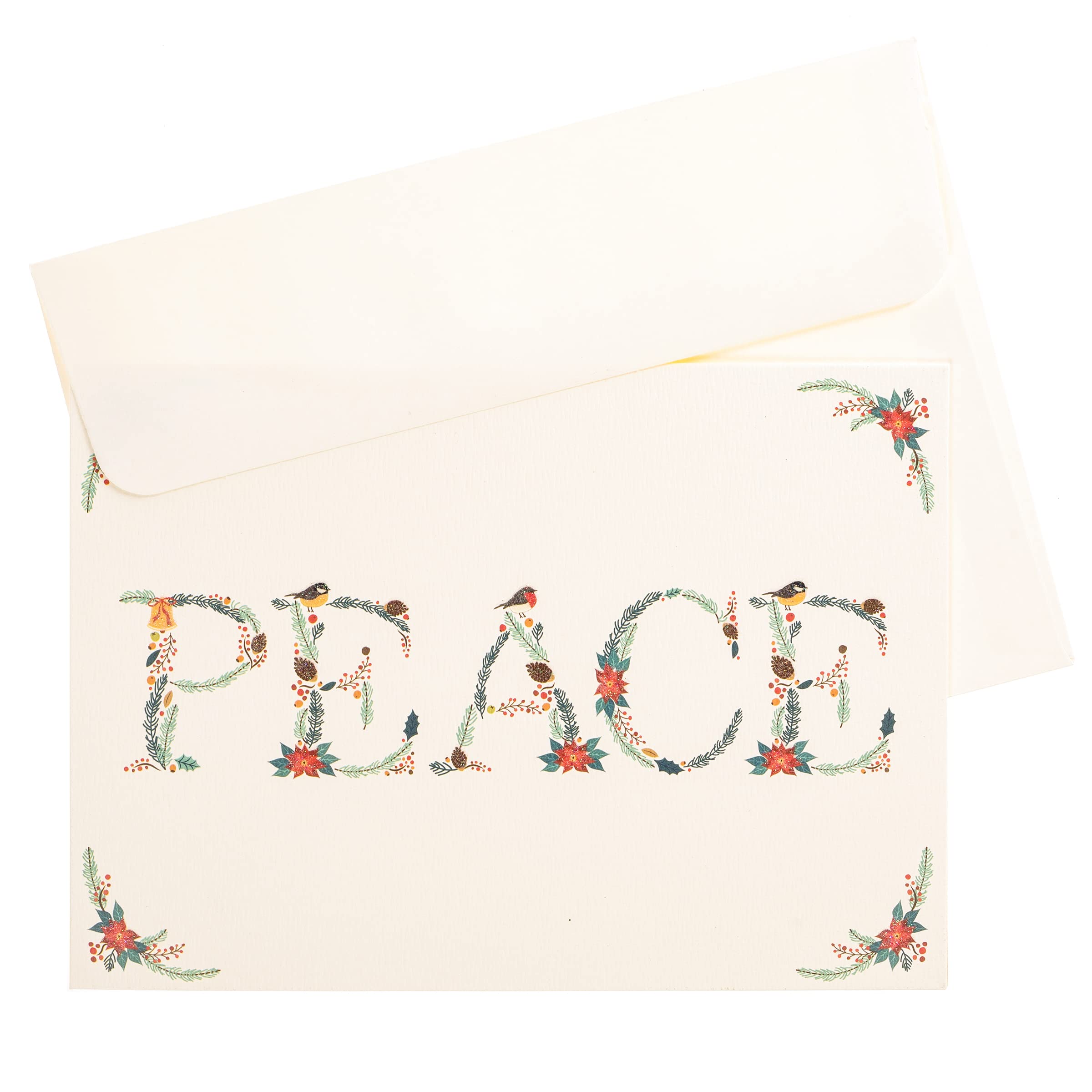 Graphique Peace Foliage Birds Holiday Greeting Cards - Pack of 15 Christmas Cards with Envelopes, Glitter Accents, Boxed Set (4.75