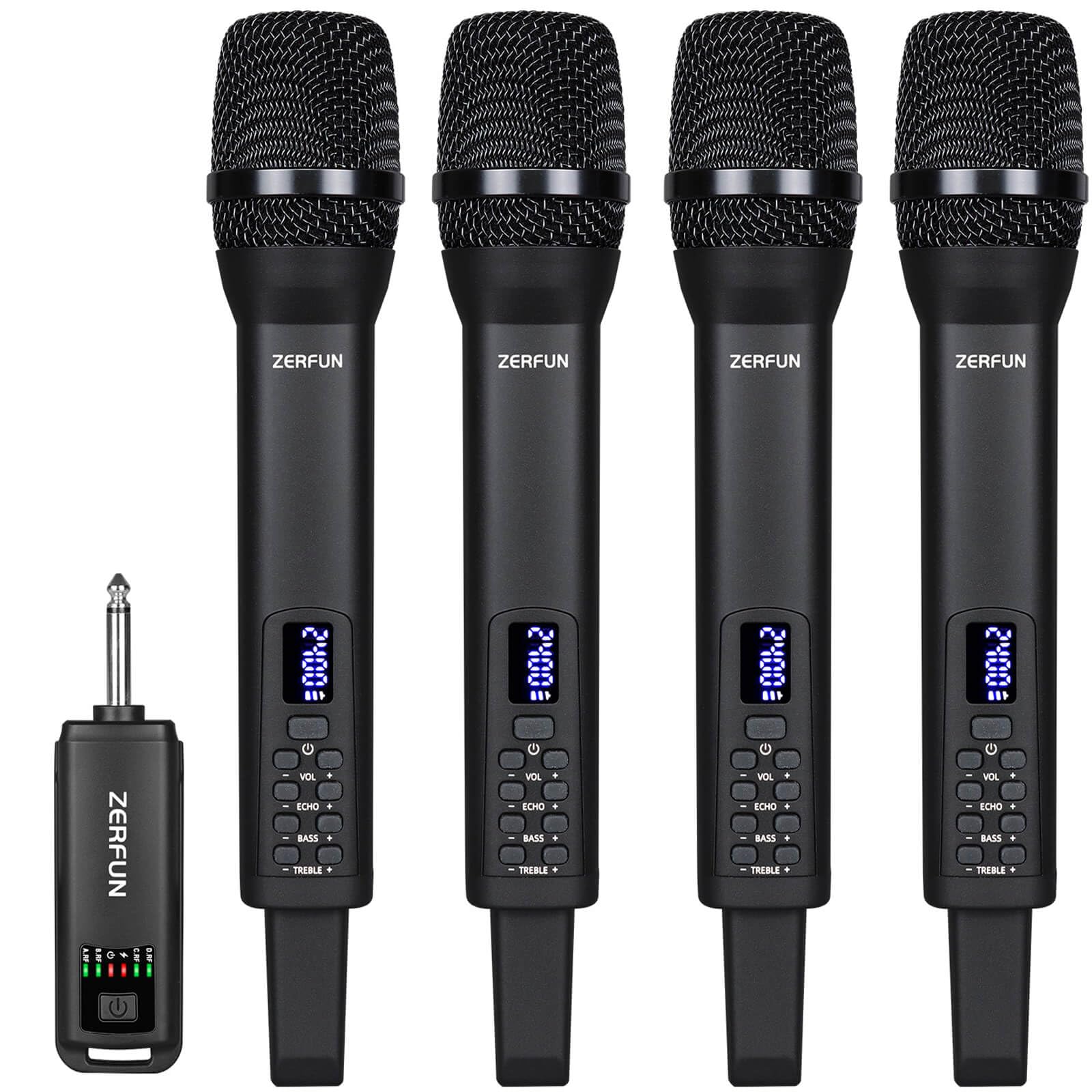 4 Rechargeable Wireless Microphones - Professional Handheld Cordless Mic System with Echo, Treble & Bass Control for Karaoke, Church, Party & Events | 1/4'' Output, Black | Perfect for Home Singing, Live Performances & Stage Shows
