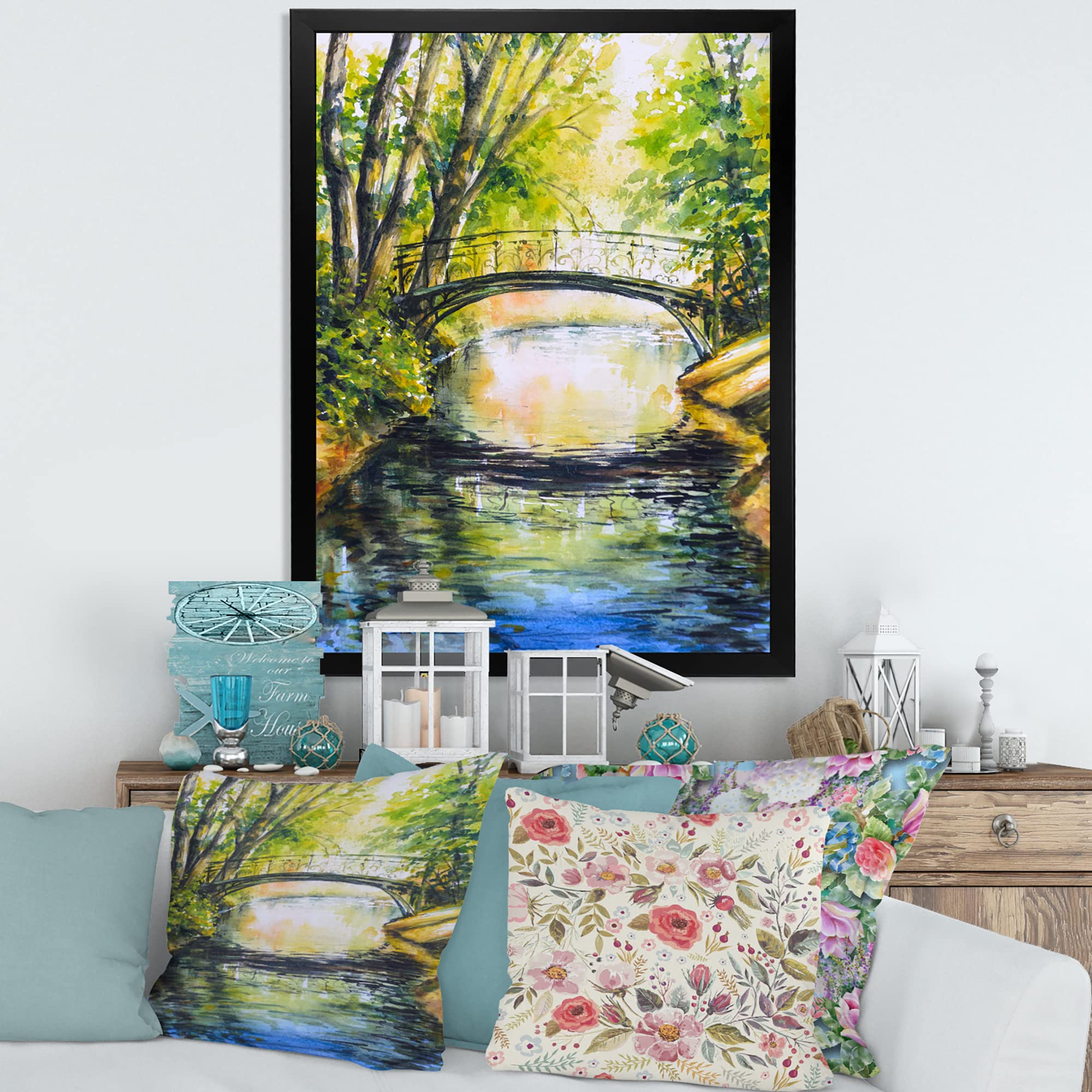 DesignQ Bridge Over Troubled Water Forest Park Lake House Framed Wall Art - Nature Inspired Home Decor for Living Room, Bedroom & Office
