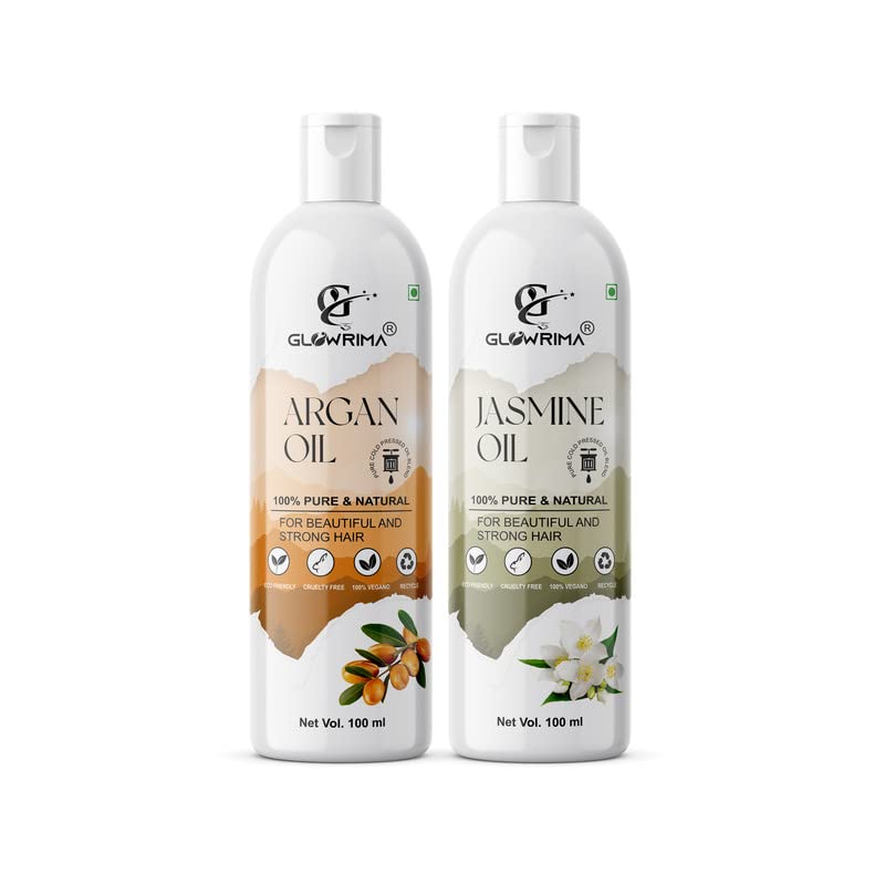 Glowrima 100% Pure Argan Oil & Jasmine Oil Combo (100ML Each) - For Hair Growth, Anti Hair Fall, Split Ends Treatment - Promotes Soft, Shiny Hair - Pack of 2 - Perfect for Daily Hair Care & Scalp Massage