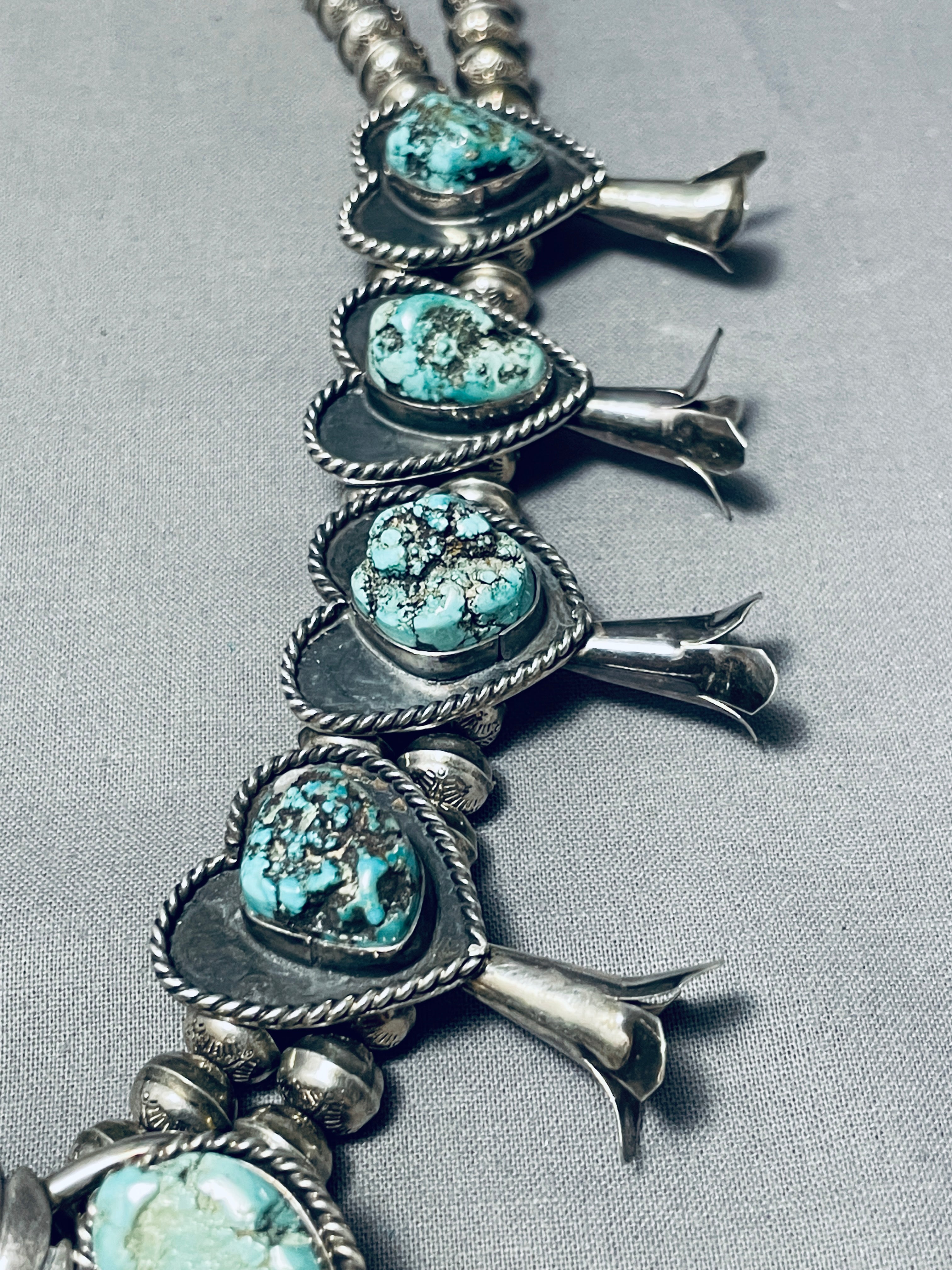 191 Gram Vintage Native American Navajo Turquoise Sterling Silver Squash Blossom Necklace - Handcrafted Jewelry for Women, Perfect for Boho Fashion, Weddings & Special Occasions