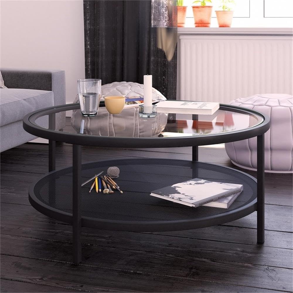 Black Metal Rectangular Mesh Shelf with Glass Top Coffee Table - Modern Living Room Furniture for Home Decor & Storage